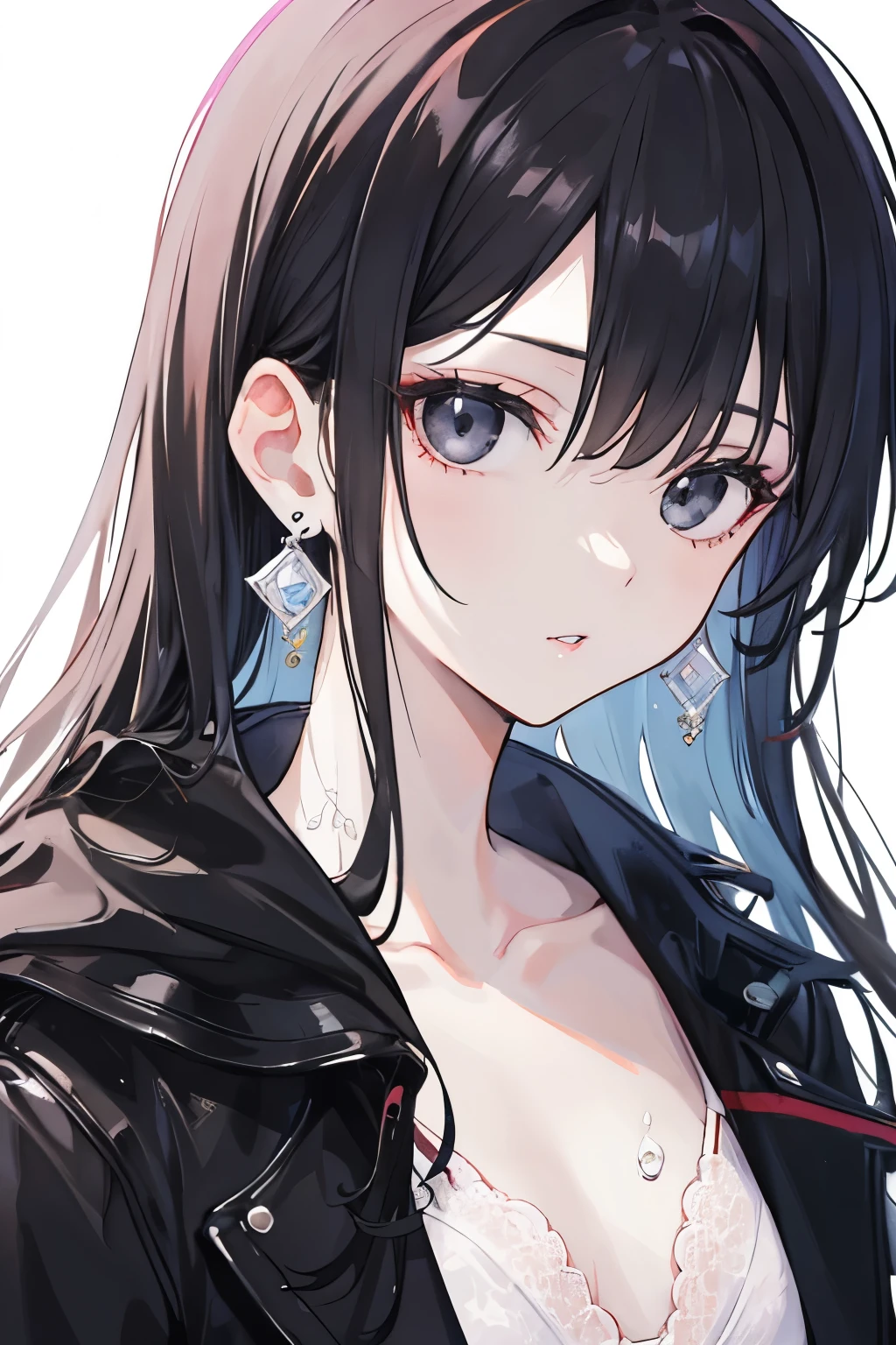Best quality, masterpiece, super high resolution, a super model soaking, Make a model for me half of the characters, the face turns straight ahead, not turning left or right, the body does not tilt the left, right, see the face directly, only the model, the white background, the model is the body. 2D drama or male anime, black hairstyle, comma hairstyle, black eyes, pink lips, slender faces like women, but have a cool man, both face and straight, luster, white skin. Bright, wear black earrings, white lingerie, black outer shirt, slightly white cut.