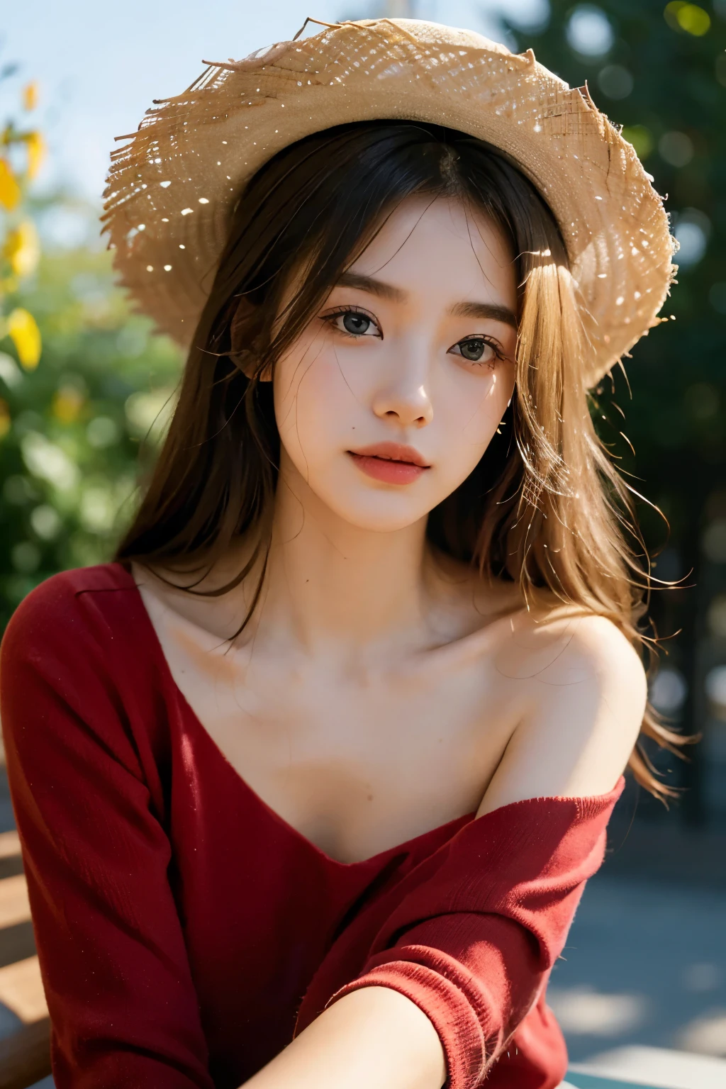 (best quality,4K,high resolution,masterpiece:1.4),Super detailed,Very detailed,sharp focus,Surreal:1.4,professional,HD images,bright colors,Bokeh,Beautiful and delicate eyes,Beautiful and delicate lips,long eyelashes,Romantic atmosphere,soft light,Contrast light and shadow,Lighting effects,high nose bridge,high nose,Yamane,young,Lively,Chubby cheeks,charming,graceful curves,blond,full,The background is clear,Los Angeles streets,girl,hollywood background,Wearing a cotton straw hat,red clothes
