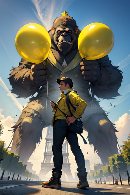 King Kong suspendu à la tour Eiffel et des gilets jaunes tenant des ballons de plusieurs couleurs