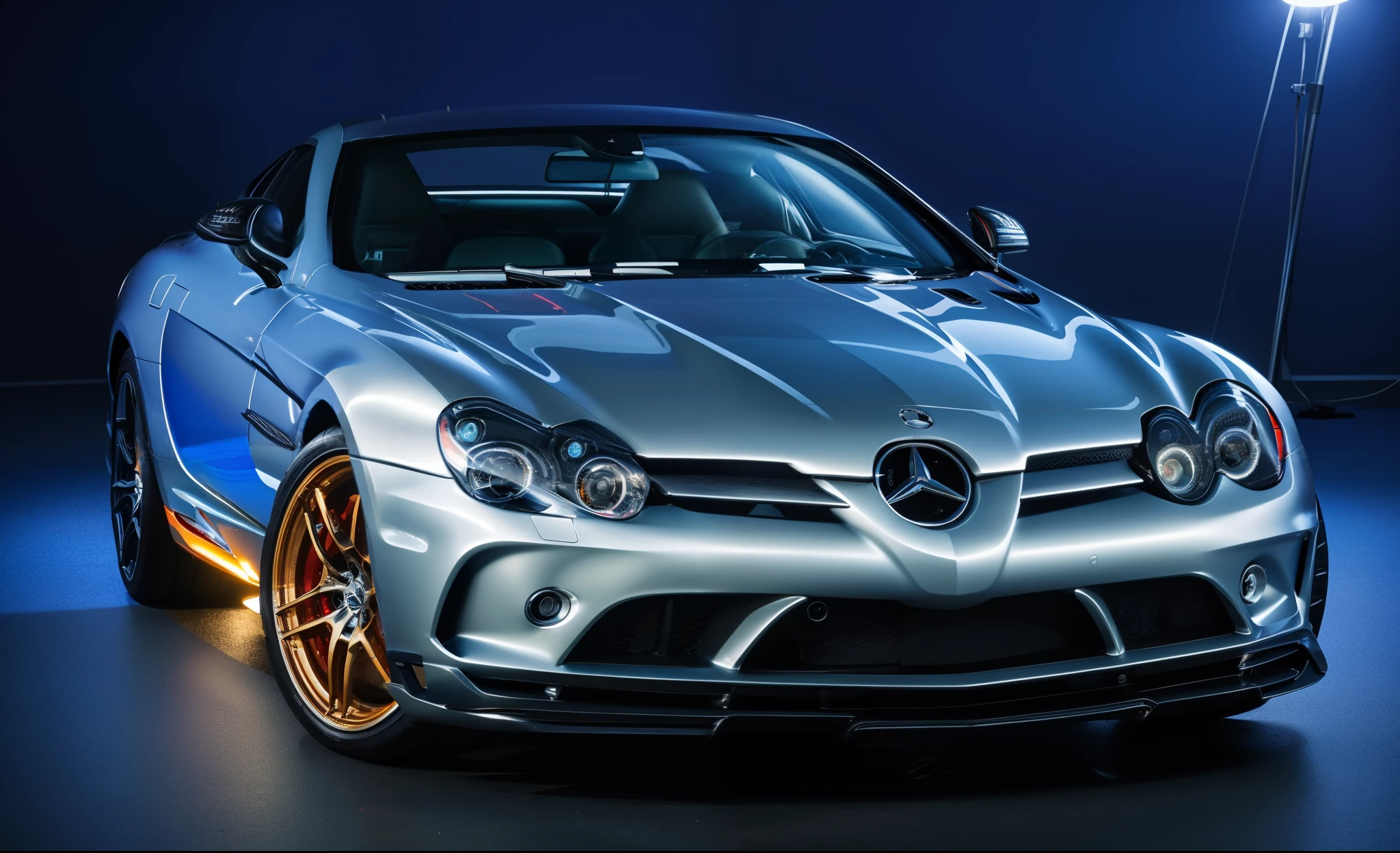 Real estate photography style A Mercedes Benz slr mclaren luxury car, professional photography, studio lighting, neon lights . Professional, inviting, well-lit, high-resolution, property-focused, commercial, highly detailed