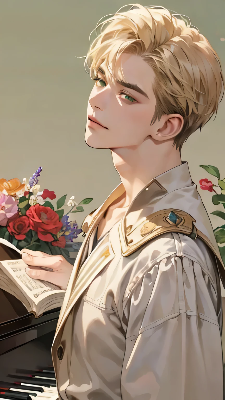 masterpiece, best quality, realistic, 1man, mature male, quiet and charming young man, 18 years old, close his eyes, smirk, closed mouth, extremely detailed face, a little distant, ((dark green eyes)), ((short-side-swept sandy blonde hair)), [thick eyebrows],((19 century cloth)), playing piano, 4K, (background with flower)