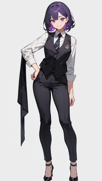 Purple,woman,bartender,Black vest,shirt,tie,pants,high heels,all,simple background,smile,whole body,full body,full body,Standing picture,vtuber,upright,,Look forward,