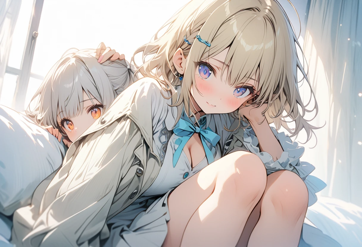 (best quality, 8K, 32k, masterpiece, uhd:1.2), 1girl,White beige hair,gleaming skin,shiny skin,mini skirt,large blast,Crying face,Crying,cling, black smoke,beautiful detailed glow,sit,get drunk,bed,