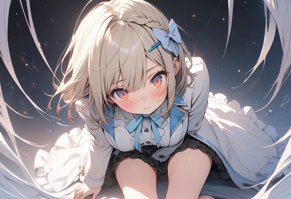 ((masterpiece)), ((highest quality)), ((High resolution)), ((Highly detailed CG integrated 8k wallpaper)), (She is long blonde hair with half up side tails and orange eyes), beige blazer, and thin red ribbon across chest and whi(short bob silver hair, dark blue eyes), white blazer, big blue ribbon on the chest, cute, (two persons), white blubbery coat, (full body), ((masterpiece, top quality, very detailed)), anime, girl, skirt , te ruffled coat, (short silver hair, indigo eyes), white blazer and large light blue ribbon across chest, close friends, lovers, two people, masterpiece, best quality, extremely detailed, anime, girl, skirt , fantastic midnighit , dreamy, Two hairpins in the front, ((tilt one's head, View from the front:1.2)), ((squat with legs apart)),