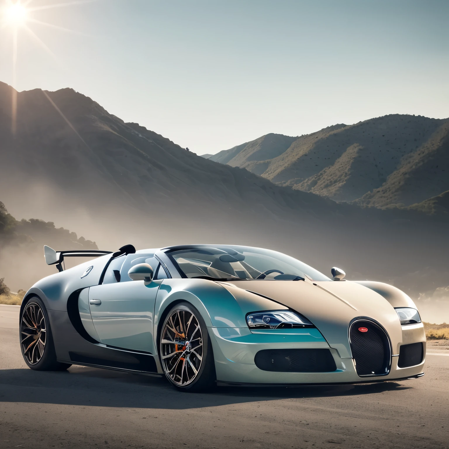 Bugatti veyron , racing color car, professional photo, On the bank of a mountain river, high quality, high detail, 8k, ultrarealism, beautiful, cinematic, dramatic light, sharp focus, highly detailed, intricate, innocent, elegant, complex, epic, stunning, artistic, ambient background, inspired, rich deep colors, surreal, vibrant