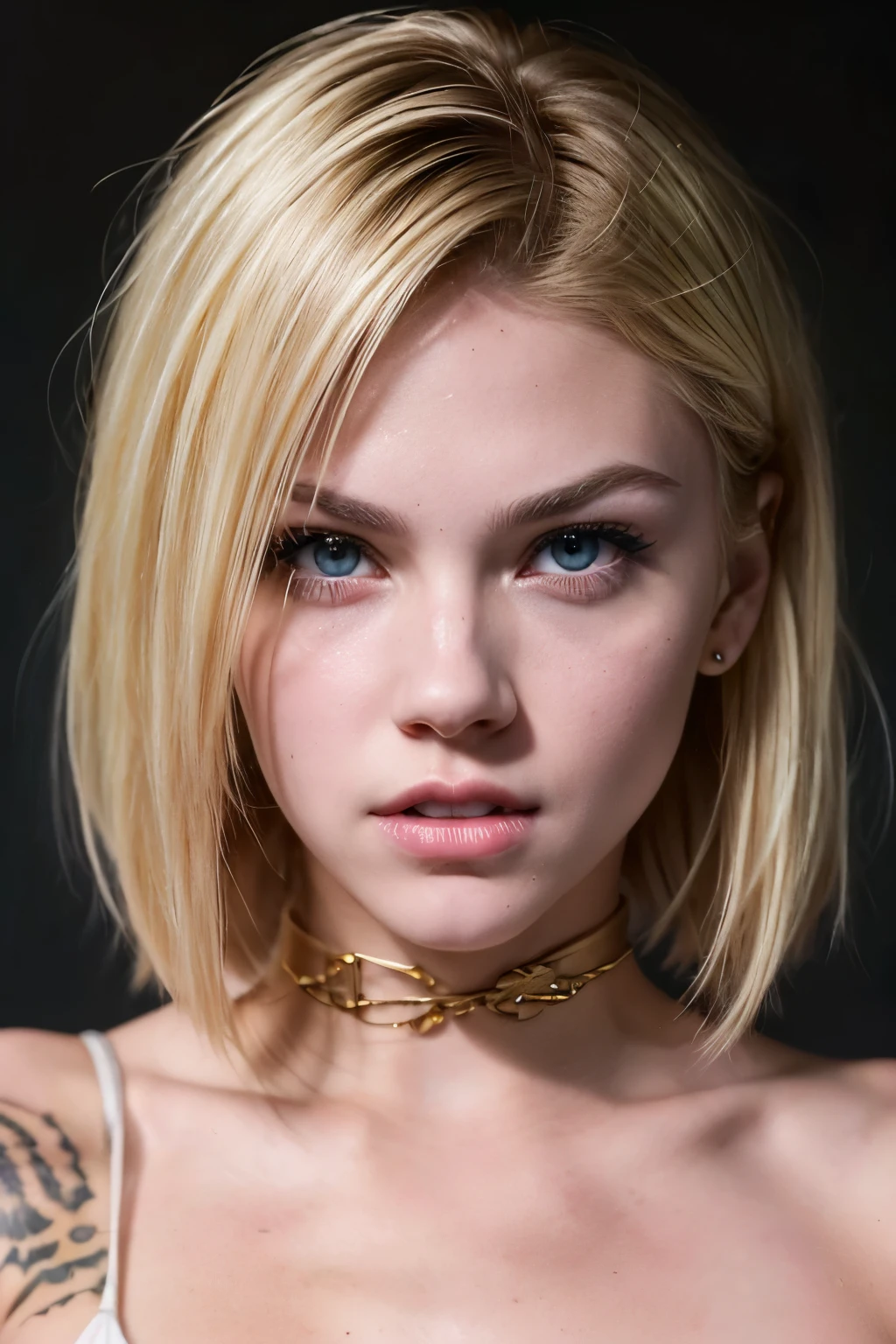 ((AlexiaThompson01R face)). beautiful. perfect, blonde hair, short hair, straight hair, golden eyes. hair falling over one eye, emo bangs. perfect skin, white skin. thin nose, thin chin. fitness. (vampire teeth, sharp teeth, fury, anger, hatred, girl showing her sharp teeth)