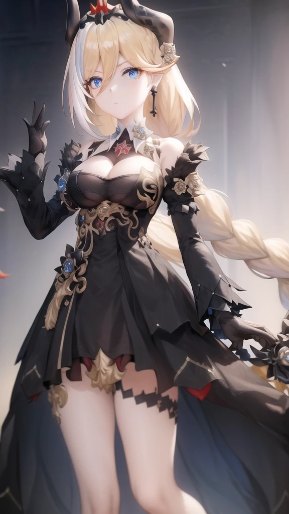 masterpiece, highest quality, High resolution, one girl、blue eyes、hair、earrings、braided ponytail、tiara, black dress、bare shoulders、cleavage、black gloves、long sleeve、single thigh high、full body standing