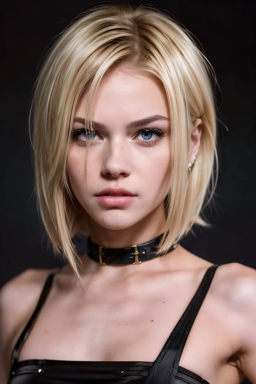 ((AlexiaThompson01R face)). beautiful. perfect, blonde hair, short hair, straight hair, golden eyes. hair falling over one eye, emo bangs. perfect skin, white skin. thin nose, thin chin. fitness. (vampire teeth, sharp teeth, fury, anger, hatred, girl showing her sharp teeth)