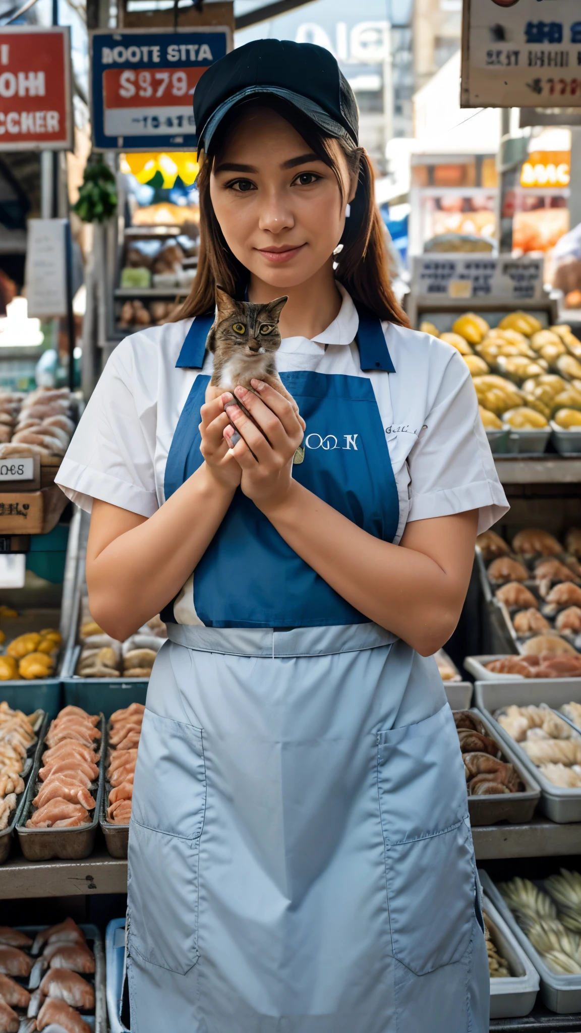 image of a hand offering money to a fishmonger cat, holding fish, 8k, ultra detailed, at the market, 