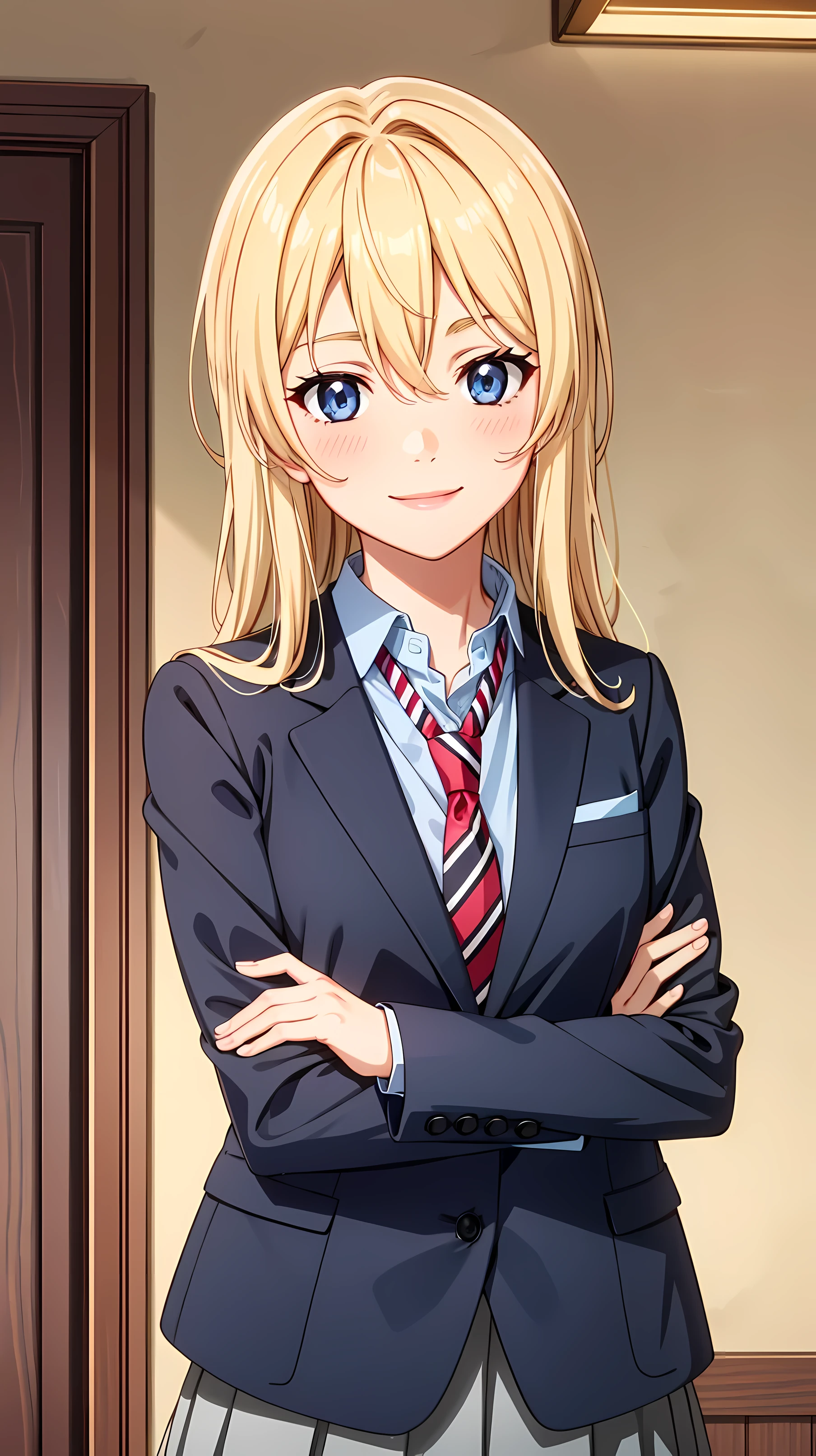 Bold selection tall body, tall, long legs, mature female, mature, adult, simple background, indoors upper body 
 Eft_goblin_kaori, 1girl, blonde hair, long hair, solo, necktie, smile, , shirt, jacket, red necktie, blazer, indoors, blue shirt, upper body, parody, long sleeves, collared shirt, blue eyes, grey jacket, striped necktie, black eyes, hair between eyes, striped, grey eyes, blush, skirt