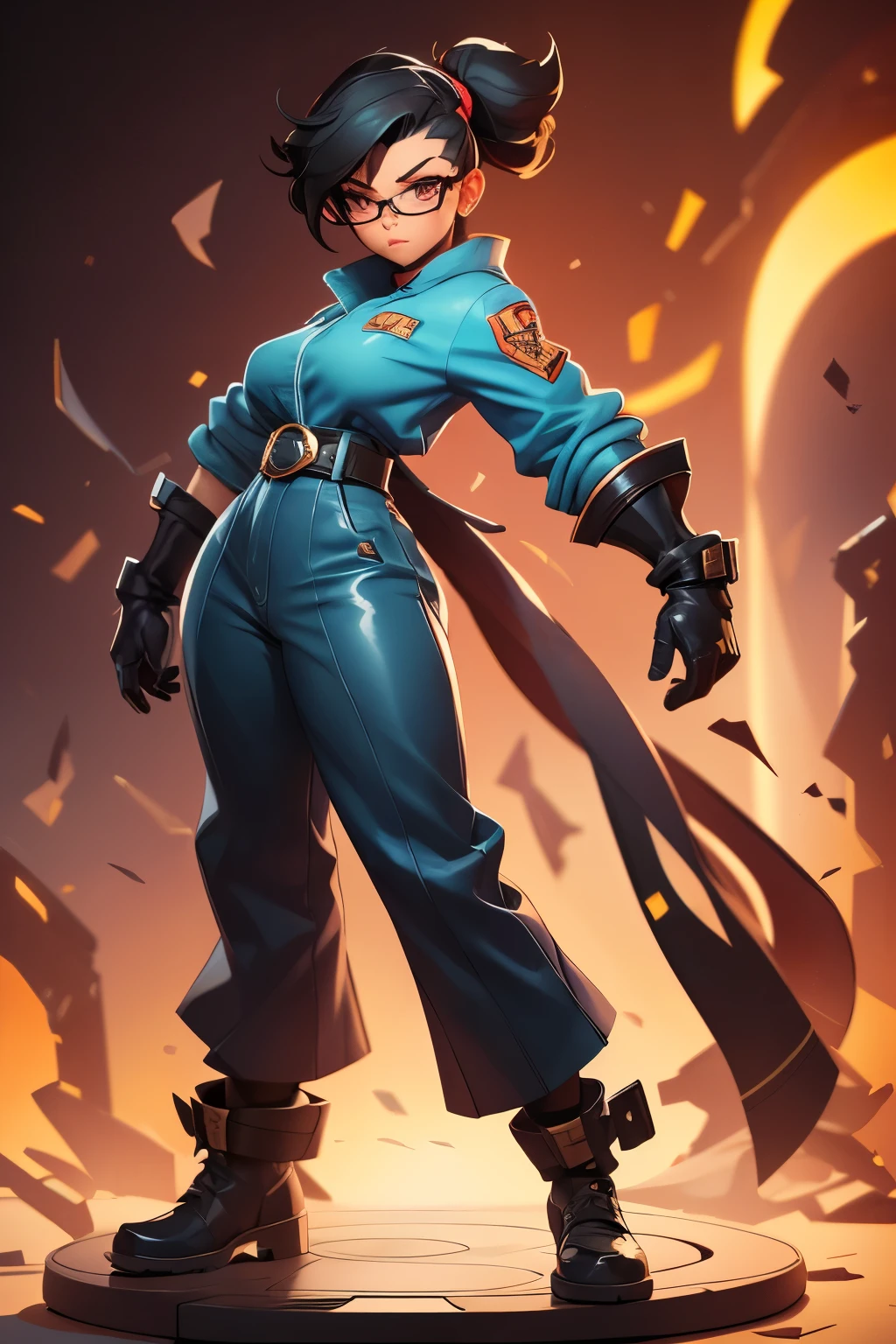 Wide angle shot, full body image, beautiful female street fighter, wearing large glasses, black undercut hair, wearing large iron gloves