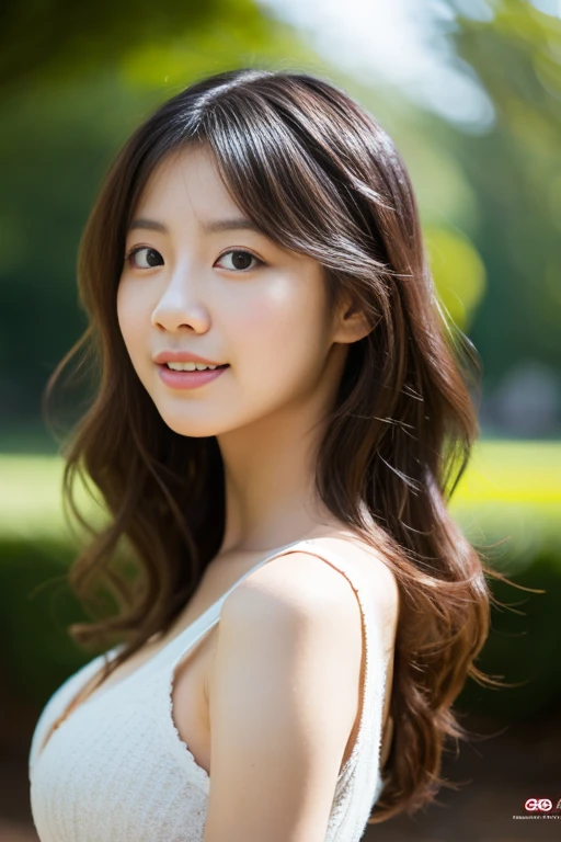 A girl named Tomoko, Wavy Hair, Brown Hair, 25 years old, Slender, curly smile, first-person view, lens flare, f/1.8, 135mm, Canon, UHD, retina, masterpiece, ccurate, anatomically correct, textured skin, super detail, high details, high quality, best quality, highres, Medium Hair, Brown Hair, Wavy Hair, 23 years old, busty, Slender, 1080P, HD, 4K, 8k
