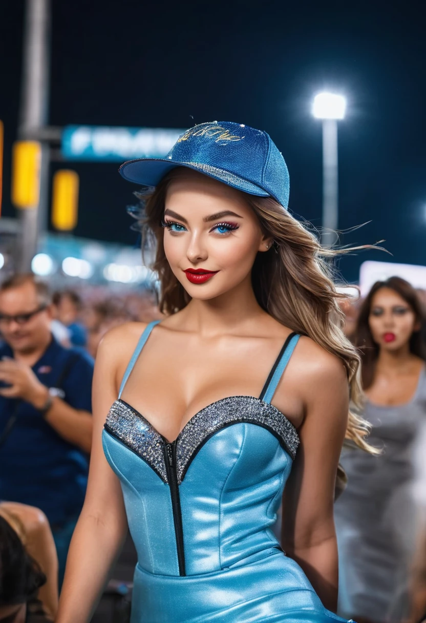 (best quality,ultra-detailed,photorealistic:1.37),vivid colors,professional,beautiful detailed eyes,beautiful detailed lips,extremely detailed eyes and face,long eyelashes,attractive,confident attitude,charming smile,flawless skin,radiant complexion,piercing gaze,trendy hairstyle,delicate features,gorgeous appearance,natural-looking makeup,Nail polish with bright colors,wavy hair,sparkling eyes,plump lips,great body proportions,perfectly shaped eyebrows,daintily contoured cheeks,powder-blue eyeshadow,striking cat-eye eyeliner,satin finish lipstick,sexy expressions,captivating allure,playful poses,teenage,energetic,dynamic,standing tall with pride,sleek-and-sporty outfit,high heels,exquisite details in every outfit,microphone in hand,sophisticated,driven,confidence radiating through every move,prominent presence on stage,powerful race stance,podium winner,speed and style,scenic race track,modern architecture,illuminating floodlights,dynamic lighting effects,flashing camera lights,cheering crowd,fast-paced excitement,race theme,stylish accessories,glamorous event,joyful atmosphere,ring of authenticity,high energy and adrenaline,close-up shots,dynamics of movement,high-speed blur,emphasized curves,dynamic composition,capturing the essence of a high-speed race,exquisite detailing on the car,shiny and sleek exterior,smooth and aerodynamic lines,fierce competition,heart-racing moments,thrilling atmosphere,intense focus and determination,celebrating victory with champagne,podium celebration,encouraging crowd,sparkling confetti,electric atmosphere, tight corset like clothing