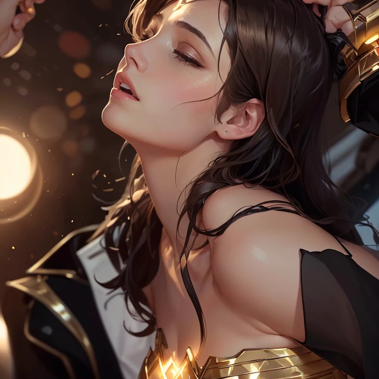 araffes woman in a gold dress and a man in a suit, sexy painting of gal gadot, extremely detailed artgerm, drawn in the style of artgerm, by ruan jia and stanley artgerm, artist artgerm i and wlop, 8k artgerm bokeh, in style of artgerm