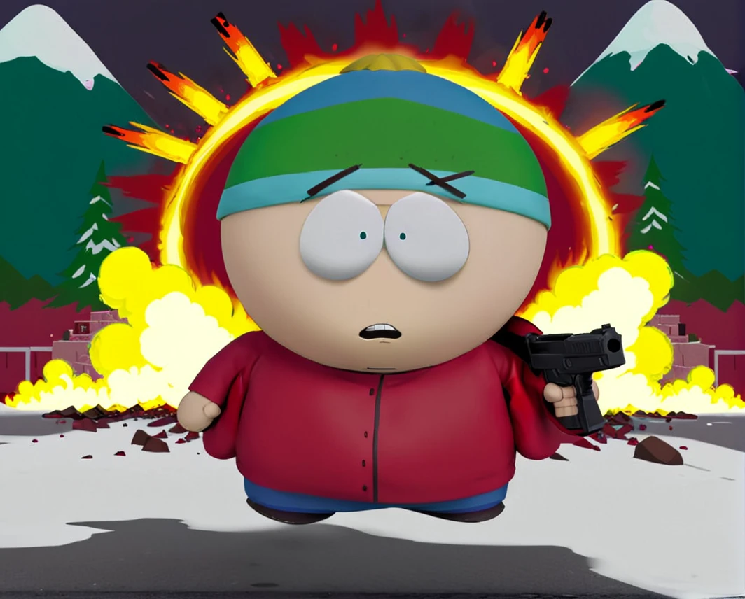 Eric Cartman holding Two Gun run out School on HUGE EXTRA EXPLOSION, Gold Sunglasses, Red Tracksuit, Angry and Mega Longer Rage, South Park Style