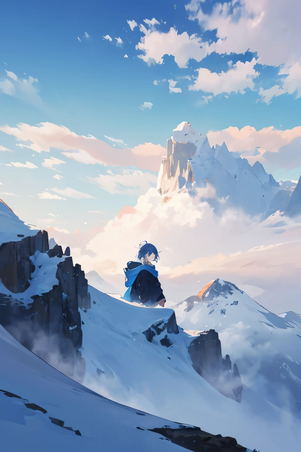 There is a snow covered mountain with a blue sky and clouds - SeaArt AI
