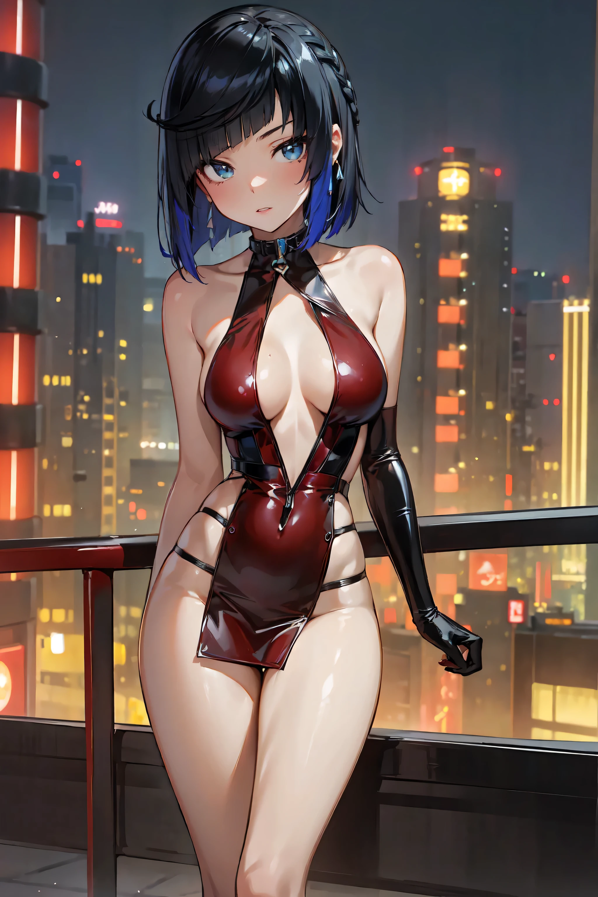 Yelan standing, Tokyo city background, night, lights, Latex dress, sexy red dress, 8K, highest quality, masterpiece, (1 ultimate beauty), highly detailed face, detailed eyes, double eyelid, eyelashes, details eyes, round breasts, soft light, proceed with caution, (( Japanese girl)), (((thin and slender waist, slender thighs, slender arms)))