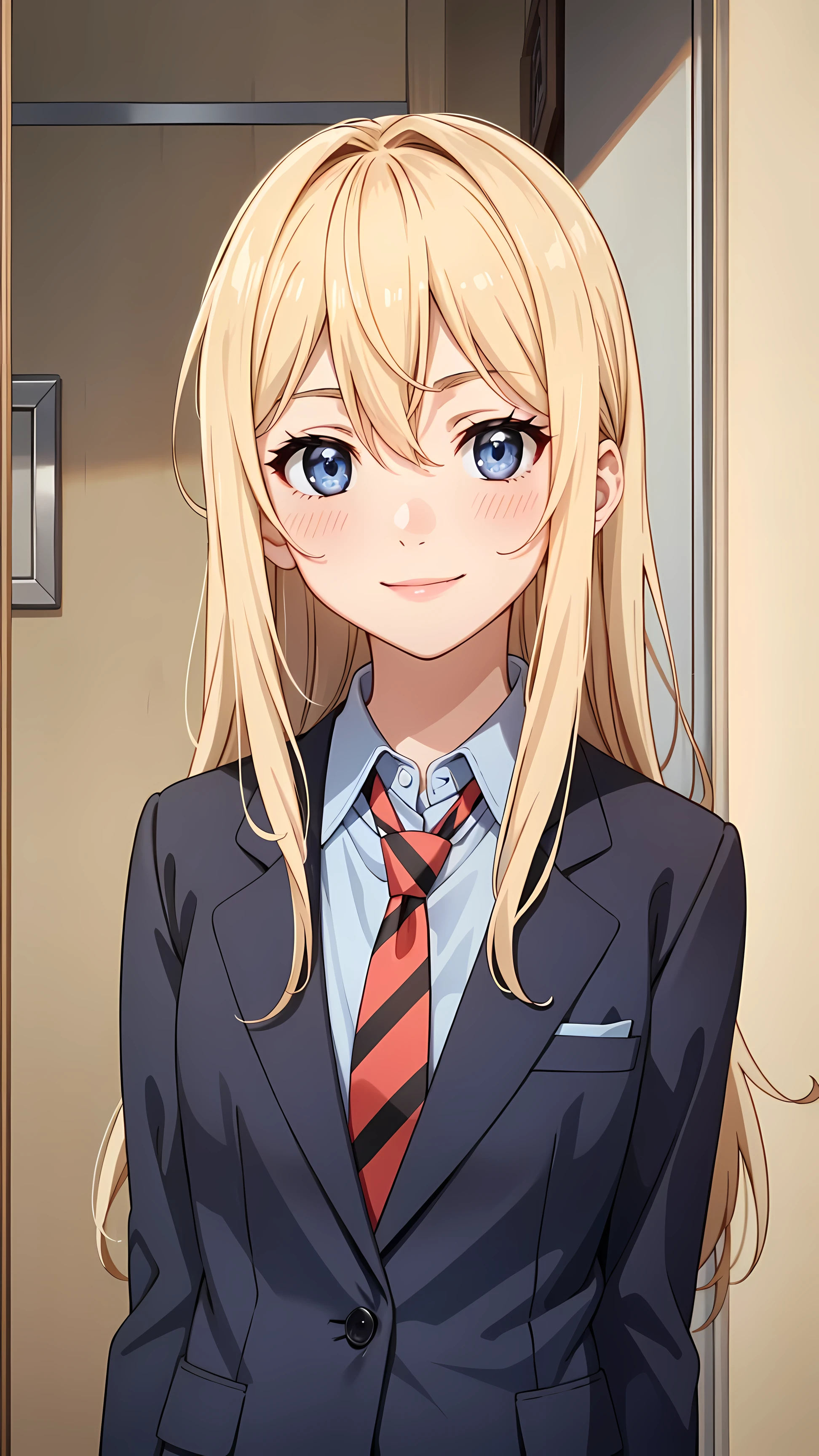 Bold selection tall body, tall, long legs, mature female, mature, adult, simple background, indoors upper body 
 Eft_goblin_kaori, 1girl, blonde hair, long hair, solo, necktie, smile, , shirt, jacket, red necktie, blazer, indoors, blue shirt, upper body, parody, long sleeves, collared shirt, blue eyes, grey jacket, striped necktie, black eyes, hair between eyes, striped, grey eyes, blush, skirt 