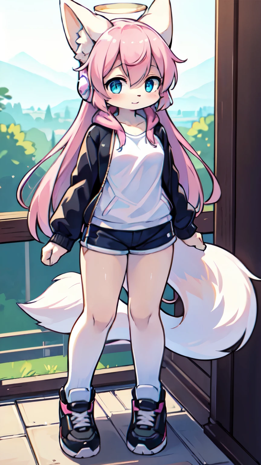 (best quality,4k,8k,highres,masterpiece:1.2),ultra-detailed,(realistic,photorealistic,photo-realistic:1.37),Kawaii, Fluffy Fox, small breasts, Pink long straight hair ,long side bangs, Blue Eyes, Heterochromia, Solo, Pink hood jacket, White Oversized Sweater, Black Shorts, Pink Striped, knee-high Socks, Grey sneakers, Body fur, Blue archive halo