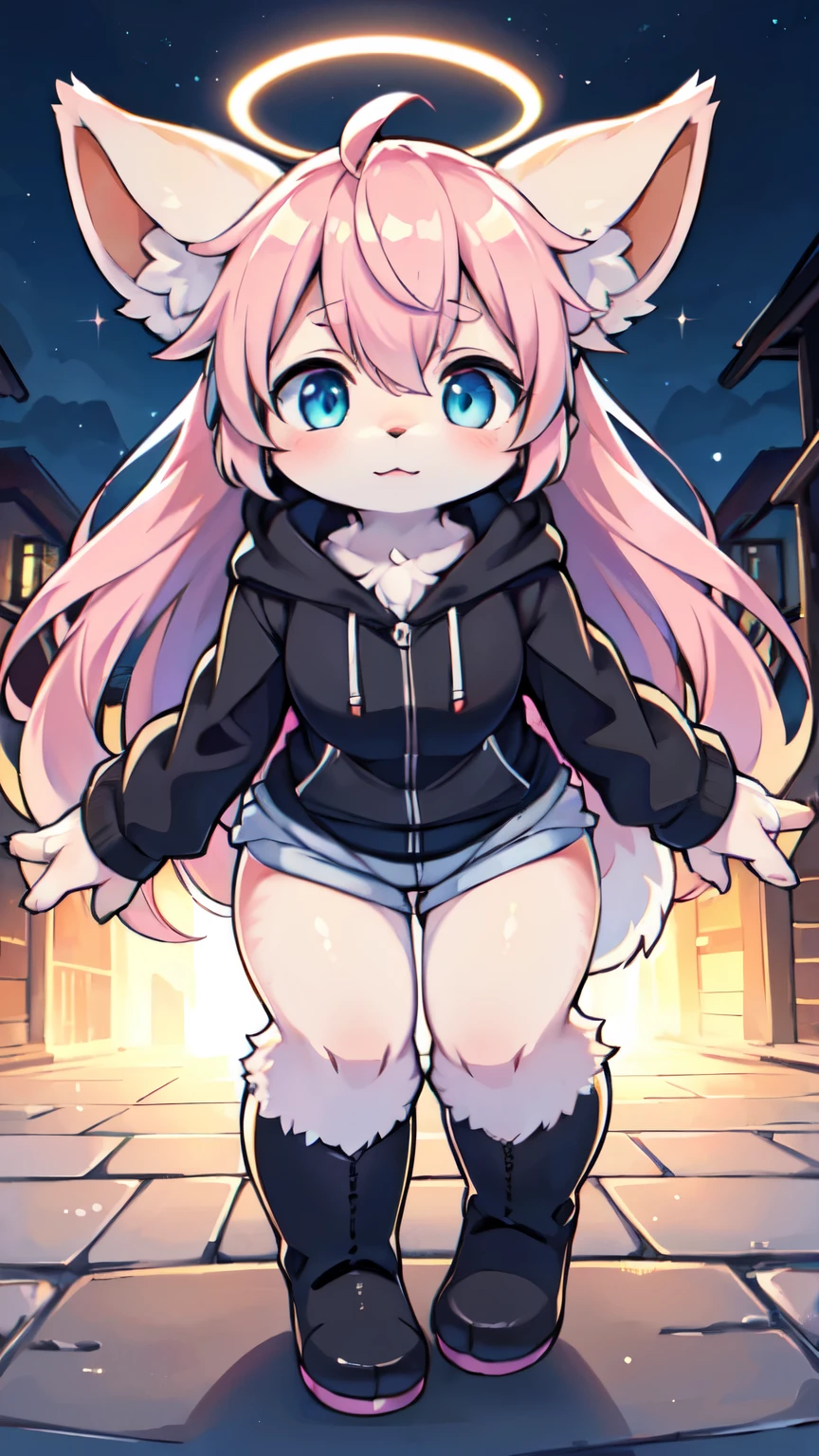 (best quality,4k,8k,highres,masterpiece:1.2),ultra-detailed,(realistic,photorealistic,photo-realistic:1.37),Kawaii, Fluffy Fox, small breasts, Pink long straight hair ,long side bangs, Blue Eyes, Heterochromia, Solo, Pink hood jacket, White Oversized Sweater, Black Shorts, Pink Striped, knee-high Socks, Grey Calf boots, Body fur, Blue archive halo