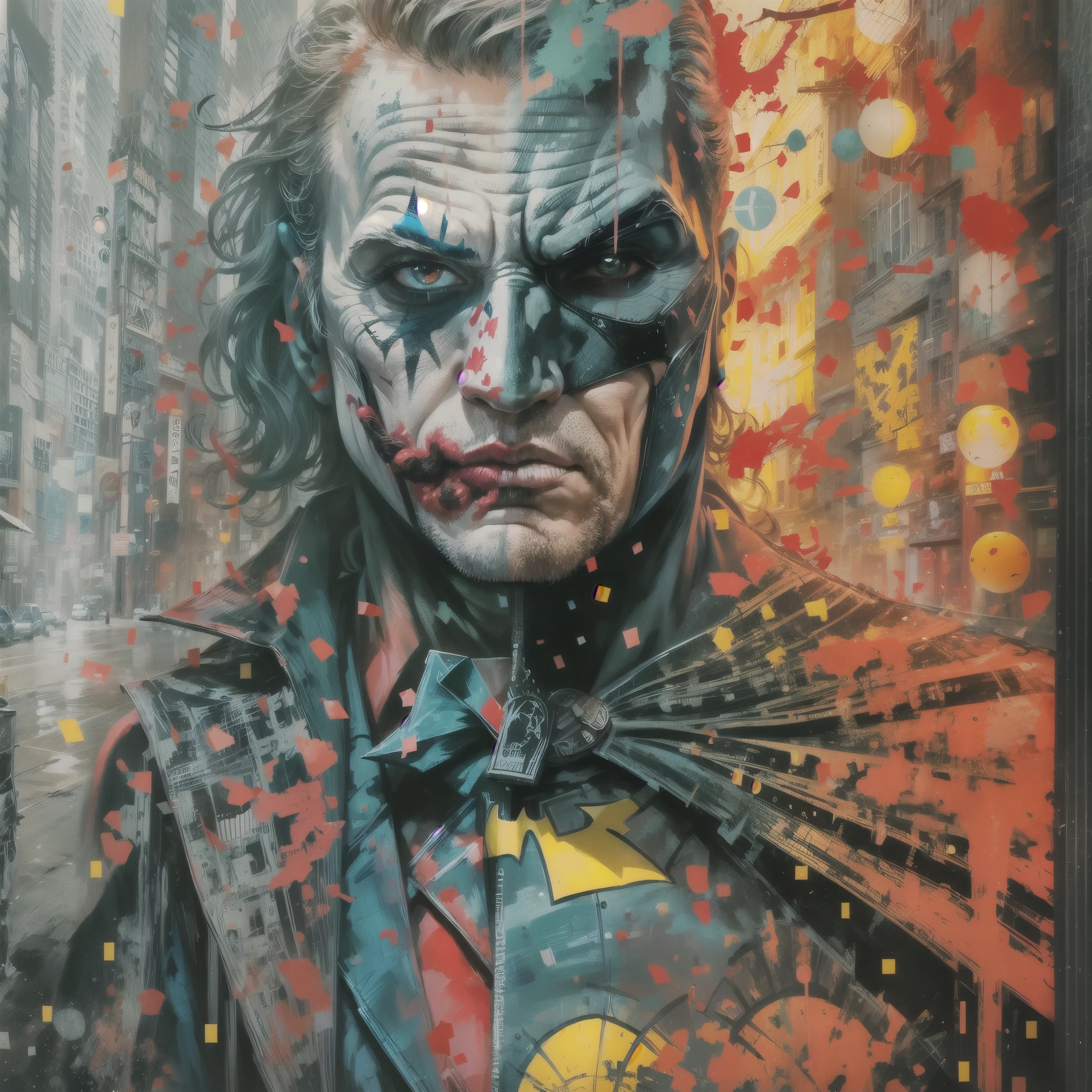 A Joker\(Joker 2019\) ,epic, realistic, faded, neutral colors, ((((hdr)))), ((((muted colors)))), intricate scene, artstation, hyperdetailed, cinematic shot, warm lights, dramatic light, intricate details, vignette, complex background, [[teal and orange]], slate gray atmosphere