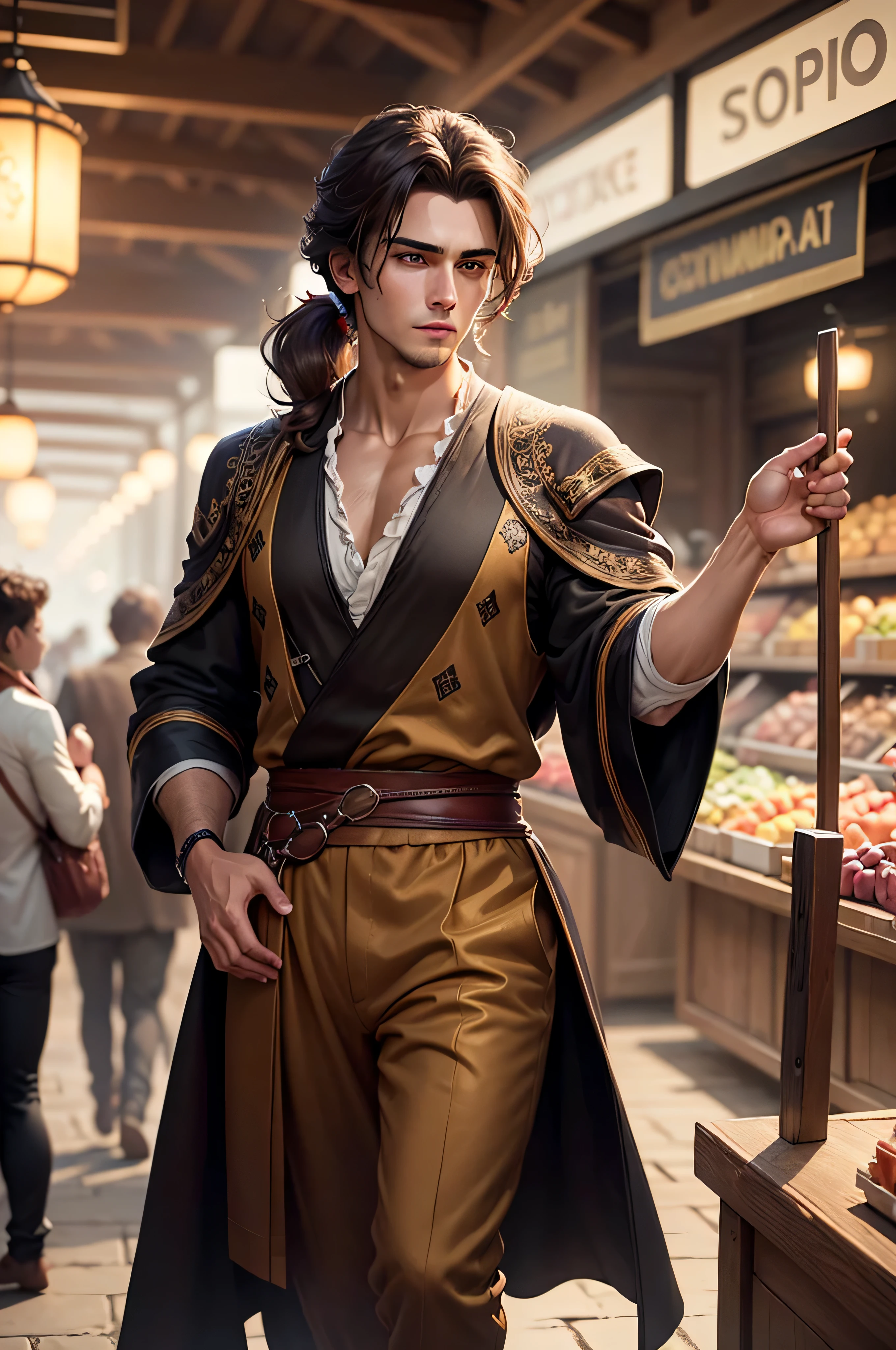 handsome young man in a market place, confidence, volumetric lighting, 8k resolution, photorealistic, ultra-high quality, opulent detailed background, medium length dark brown hair, messy ponytail, wearing a long cotton robe, dark brown long pants, full body