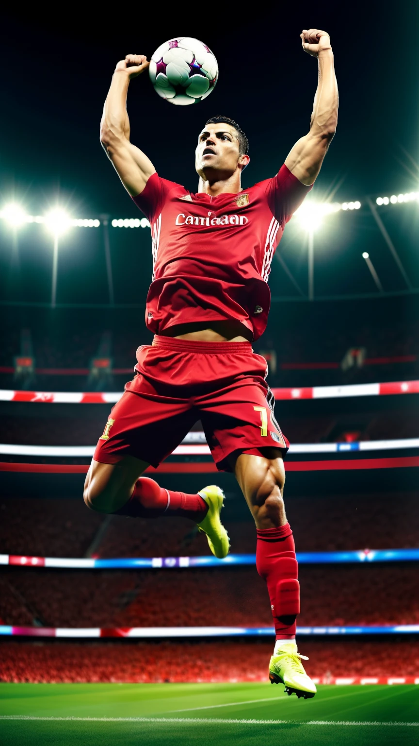 Cristiano Ronaldo, 36-year-old Portuguese soccer player, muscles tone and defined, shining jersey and short hair, triumphantly lifts the Champions trophy above his head in a victorious celebration, soccer ball at his feet, sports arena in the background, high contrast lighting, clear focused image, detailed textures, cinematic and dramatic, close-up shot, ISO 800, Canon EOS 5D Mark IV, vibrant colors, Adobe Photoshop, Premier League style, SFW, dynamic, (given, high quality:1.5), (realistic photography:1.5), sports, soccer, trophy, Cristiano Ronaldo, winning