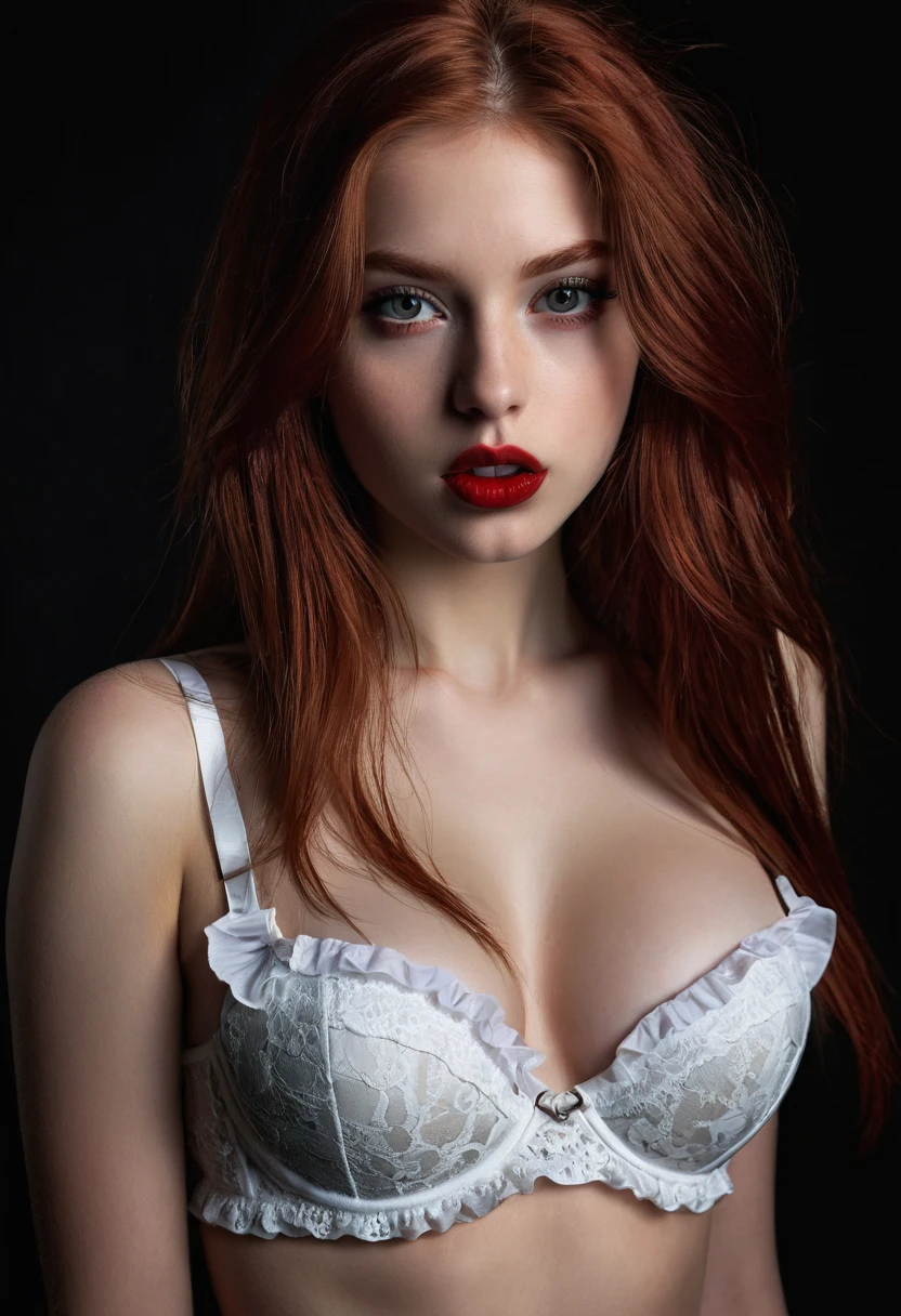 Best quality, masterpiece, ultra high res, (photorealistic:1.4), ((raw photo, 1girl, Young (18 years) European girl with seductive long hair, straight blood red hair, seductive detailed red eyes and face)), ((blood red lipstick and black eye liner, thick eye lashes, seductive expression, (perfect female mouth), mouth open, seductive body language, head tilt)), ((white lace bra and white ruffled miniskirt)), dynamic lighting, in the dark, deep shadow, low key, cowboy shot,