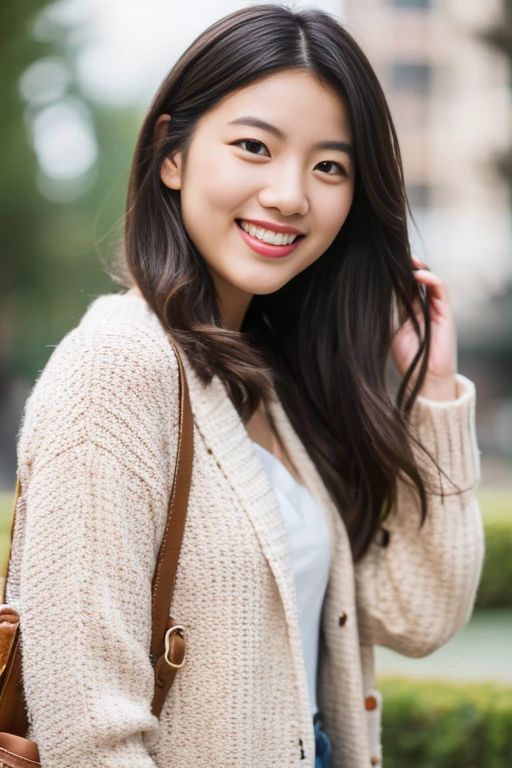 A girl named Tomoko, Wavy Hair, Brown Hair, 25 years old, Slender, toothy smile, first-person view, Sunburst Flare, f/2.0, 105mm, Nikon, UHD, retina, masterpiece, ccurate, anatomically correct, textured skin, super detail, high details, high quality, best quality, highres, 1080P, HD, 4K, 8k, casual outfit, sneakers
