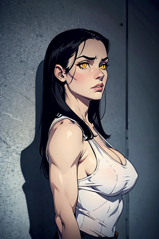 sad girl muscular girl sad girl muscular girl black hair yellow eyes pale skin breasts cast shadow