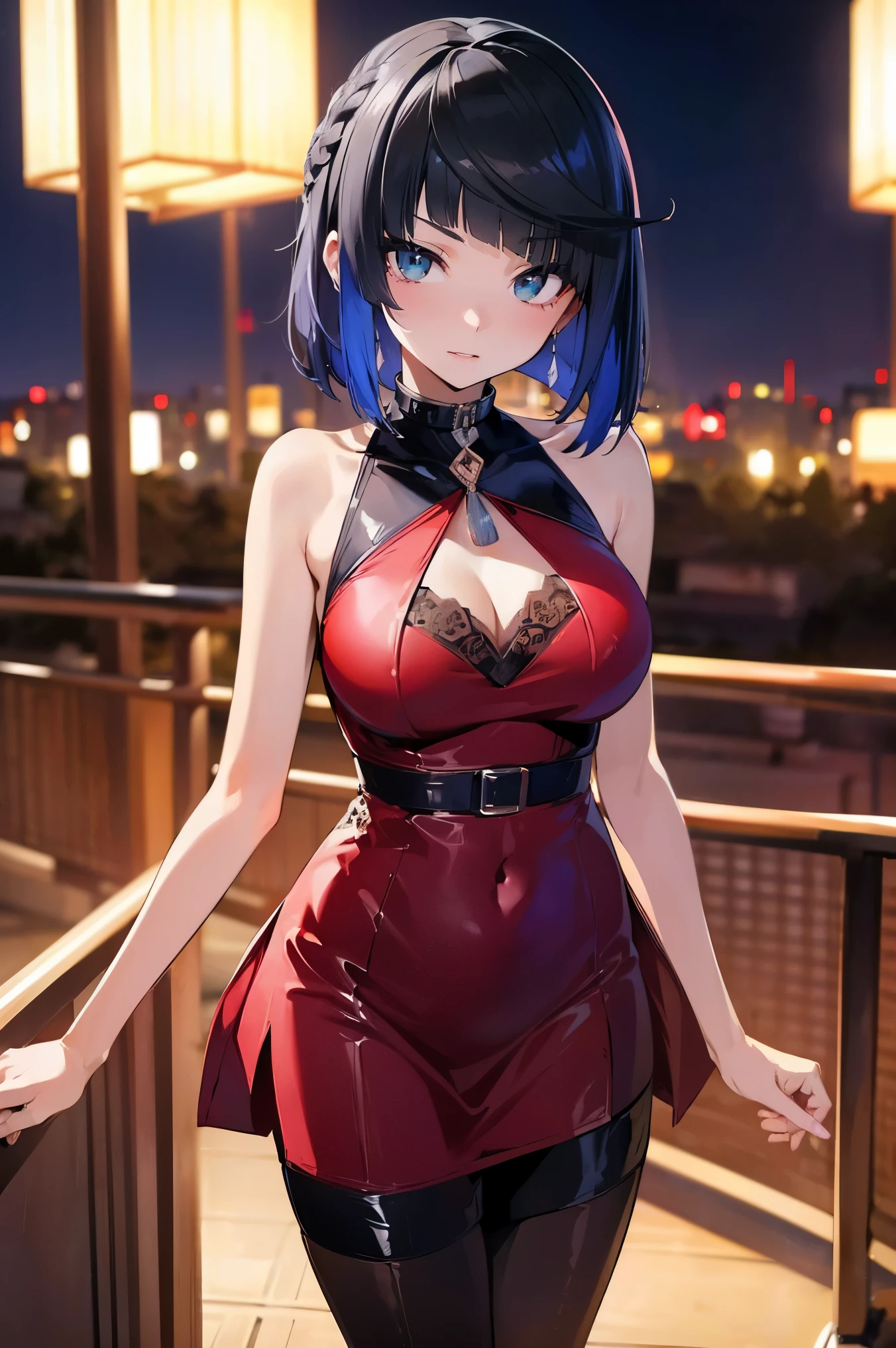 Yelan standing, Tokyo city background, night, lights, Latex dress, sexy red dress, 8K, highest quality, masterpiece, (1 ultimate beauty), highly detailed face, detailed eyes, double eyelid, eyelashes, details eyes, round breasts, soft light, proceed with caution, ((13 year old Japanese girl)), (((thin and slender waist, slender thighs, slender arms)))