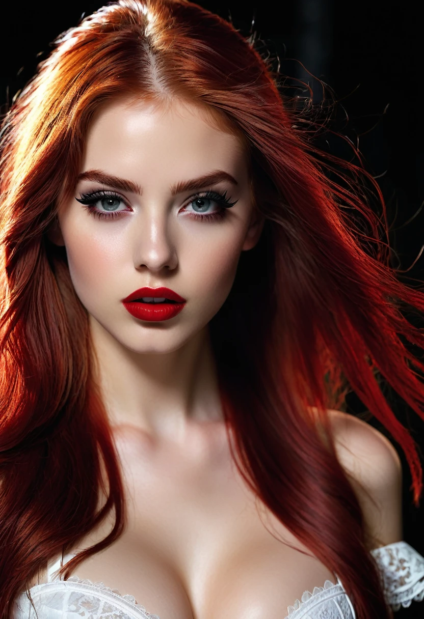 Best quality, masterpiece, ultra high res, (photorealistic:1.4), ((raw photo, 1girl, Young (18 years) European girl with seductive long hair, straight blood red hair, seductive detailed red eyes and face)), ((blood red lipstick and black eye liner, thick eye lashes, seductive expression, (perfect female mouth), mouth open, seductive body language, head tilt)), ((white lace bra and white ruffled miniskirt)), dynamic lighting, in the dark, deep shadow, low key, cowboy shot,