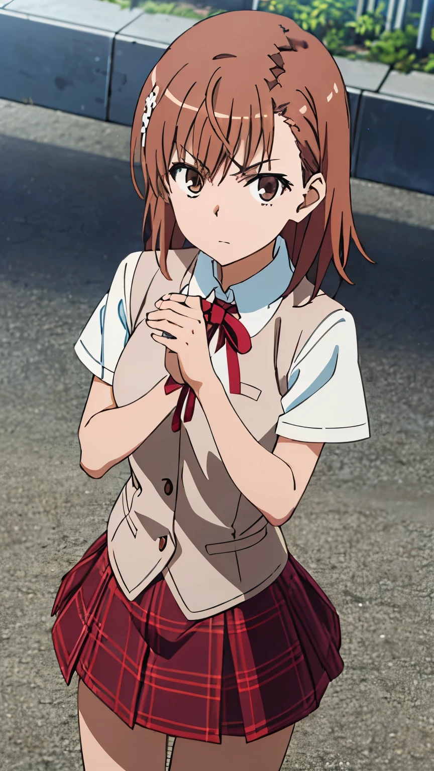 (pixel perfect, Perfect in every detail), misaka mikoto,hairpin,tokiwadai,,shirt,red ribbon,mini skirt, looking at the viewer, stylish pose, stylish angle,looking at the viewer, in the center of the image,cowboy shot,