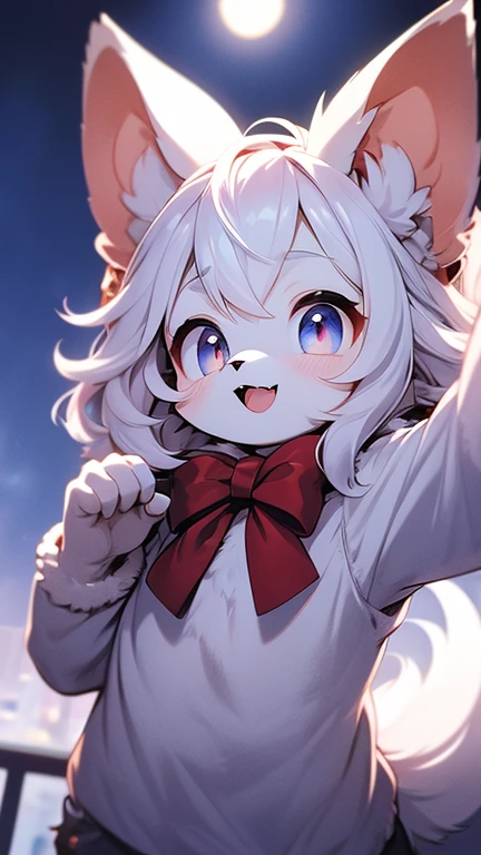 furry boy,Ultra-fine red fur,Room,moonlight,Hair on cheeks,Neck fur,face flushed,Smile,Wolf,short hair,portrait, Bright Eyes,Red hair all over the body,Eyes gray,With a black bow,White belly,The tip of the tail is white,Palm white,Left hand touching cheek,Stretch out your right hand and expose your meatball,looking at the audience,long canine teeth