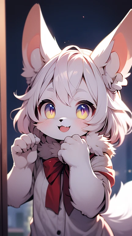 furry boy,Ultra-fine red fur,Room,moonlight,Hair on cheeks,Neck fur,face flushed,Smile,Wolf,short hair,portrait, Bright Eyes,Red hair all over the body,Eyes gray,With a black bow,White belly,The tip of the tail is white,Palm white,Left hand touching cheek,Stretch out your right hand and expose your meatball,looking at the audience,long canine teeth