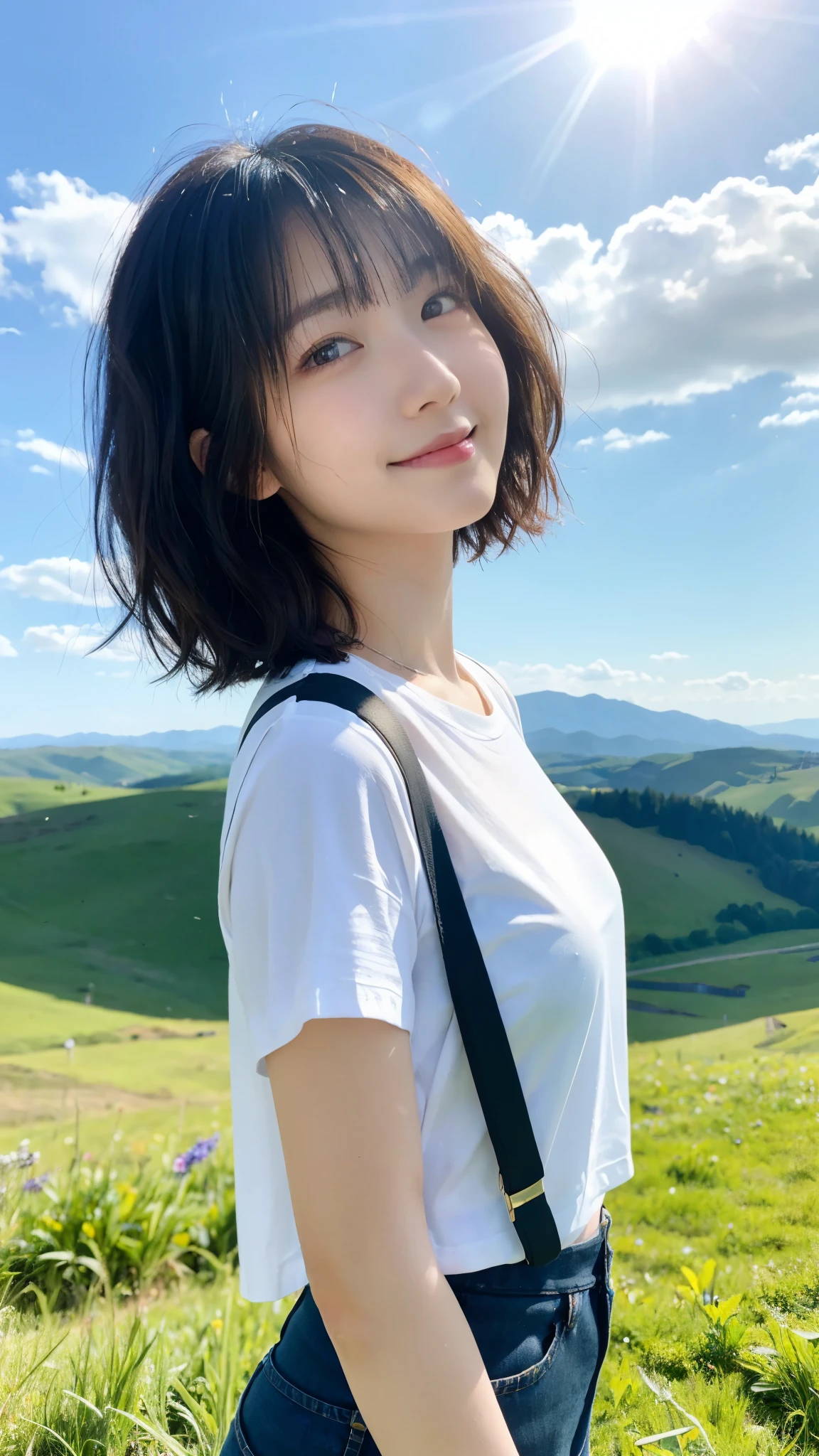 (highest quality,masterpiece:1.3,ultra high resolution),(Super detailed,caustics,8k),(photorealistic:1.4,RAW shooting),18-year-old,cute,Japanese,Short black hair with outward curls,(white t-shirt),(smile),look up at the camera,blue sky,sun,Backlight,(top of the hill),(Tall green grassland:1.1),(Standing in the steppe),(shot from the waist up),(face focus),(face close up),(High-situation:1.2),(high angle:1.2),Natural light