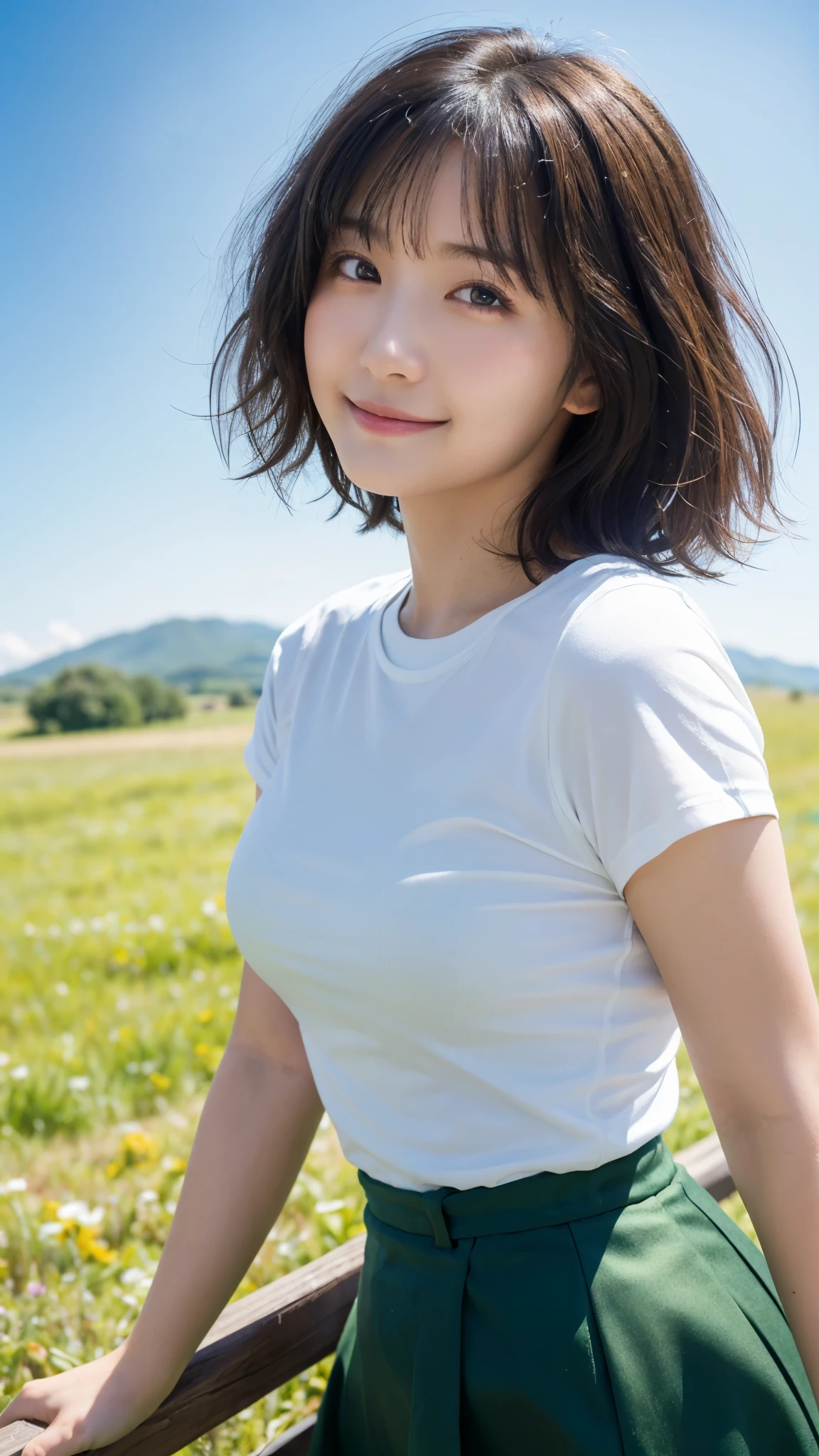 (highest quality,masterpiece:1.3,ultra high resolution),(Super detailed,caustics,8k),(photorealistic:1.4,RAW shooting),18-year-old,cute,Japanese,Short black hair with outward curls,(white t-shirt),(smile),look up at the camera,blue sky,sun,Backlight,(top of the hill),(Tall green grassland:1.1),(Standing in the steppe),(shot from the waist up),(face focus),(face close up),(High-situation:1.2),(high angle:1.2),Natural light