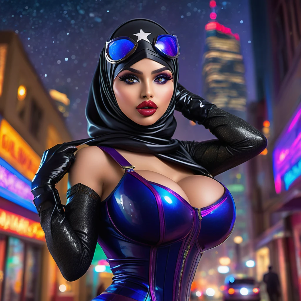 (best quality,4k,highres,masterpiece:1.2),ultra-detailed,realistic:1.37,a super heroine,athletic,cute face, crow themed makeup, hijab,beautiful detailed eyes,beautiful detailed lips,extremely detailed eyes and face,long eyelashe,malaysian:1.1 (age 28),crow themed costume and gimmicks,stopping a bank robbery,dynamic pose,vivid colors,starry night background,HDR,studio lighting,physically-based rendering,sharp focus,bokeh,colorful palette, (Show her from head to toe, full body shot, show her entire body)