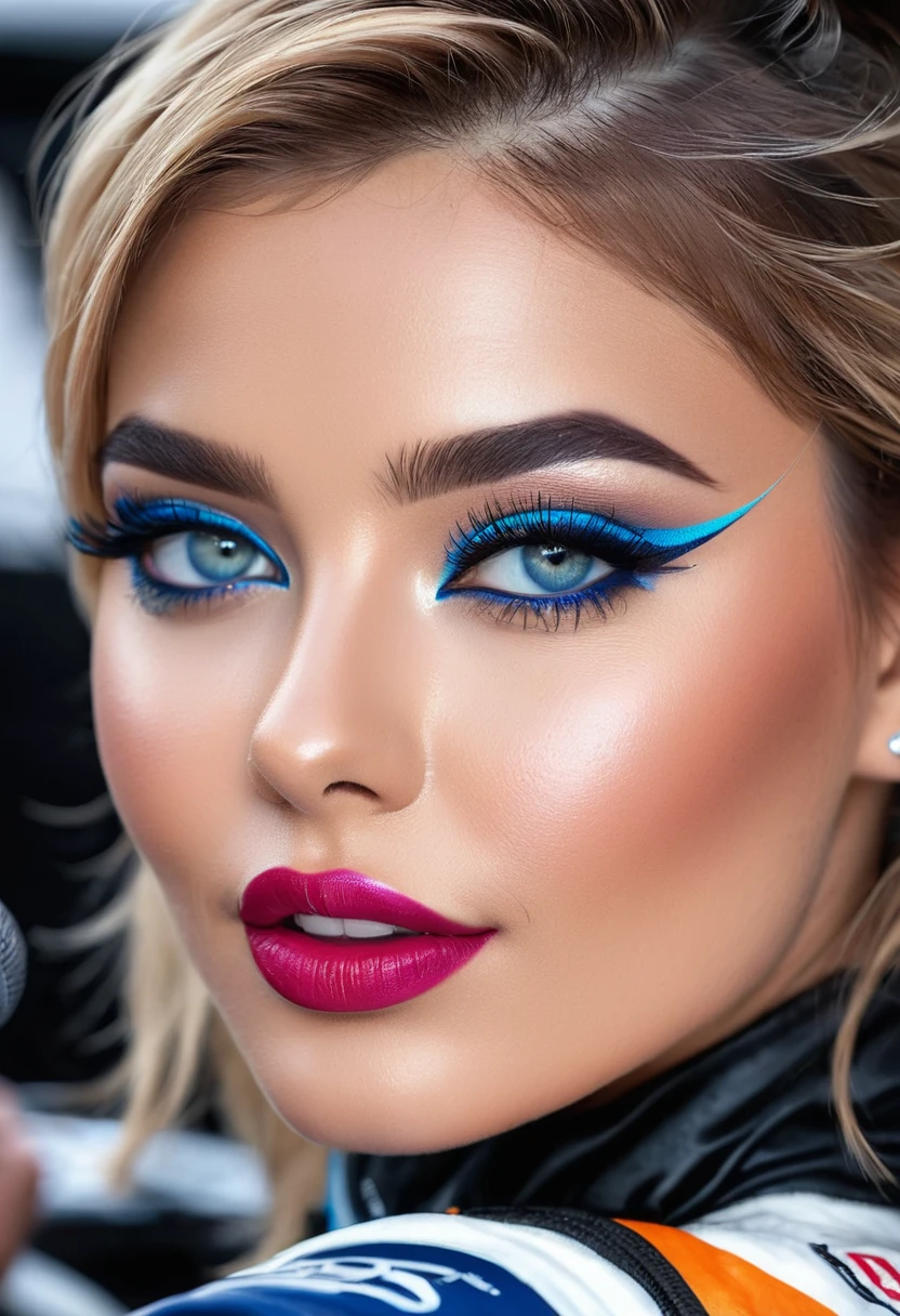 (best quality,ultra-detailed,photorealistic:1.37),vivid colors,professional,beautiful detailed eyes,beautiful detailed lips,extremely detailed eyes and face,long eyelashes,attractive,confident attitude,charming smile,flawless skin,radiant complexion,piercing gaze,trendy hairstyle,delicate features,gorgeous appearance,natural-looking makeup,Nail polish with bright colors,wavy hair,sparkling eyes,plump lips,great body proportions,perfectly shaped eyebrows,daintily contoured cheeks,powder-blue eyeshadow,striking cat-eye eyeliner,satin finish lipstick,sexy expressions,captivating allure,playful poses,teenage,energetic,dynamic,standing tall with pride,sleek-and-sporty outfit,high heels,exquisite details in every outfit,microphone in hand,sophisticated,driven,confidence radiating through every move,prominent presence on stage,powerful race stance,podium winner,speed and style,scenic race track,modern architecture,illuminating floodlights,dynamic lighting effects,flashing camera lights,cheering crowd,fast-paced excitement,race theme,stylish accessories,glamorous event,joyful atmosphere,ring of authenticity,high energy and adrenaline,close-up shots,dynamics of movement,high-speed blur,emphasized curves,dynamic composition,capturing the essence of a high-speed race,exquisite detailing on the car,shiny and sleek exterior,smooth and aerodynamic lines,fierce competition,heart-racing moments,thrilling atmosphere,intense focus and determination,celebrating victory with champagne,podium celebration,encouraging crowd,sparkling confetti,electric atmosphere, tight corset like clothing