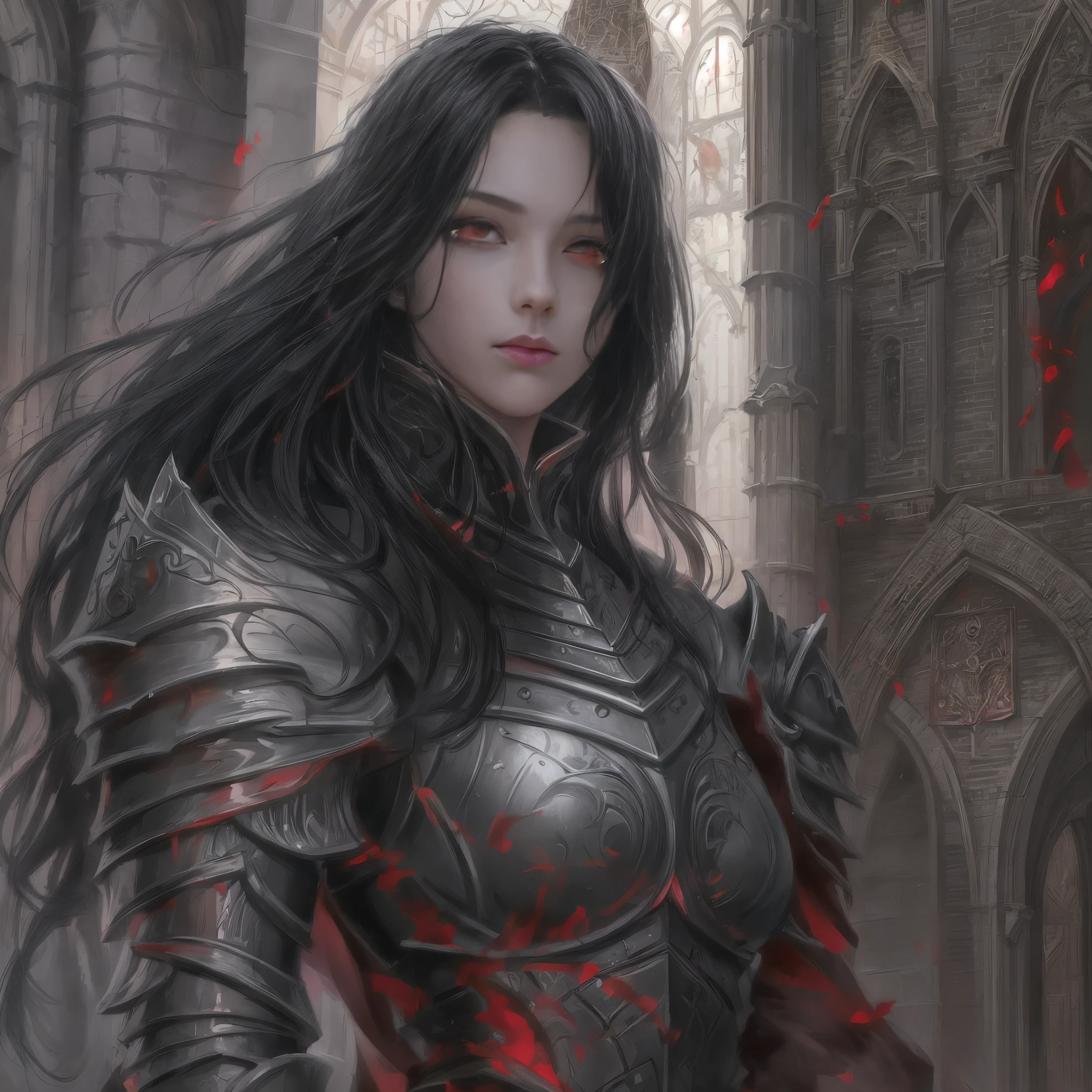 ((best quality)), ((masterpiece)), (detailed), perfect face,1 girl,armor, long dress, black hair, red eyes, dynamic pose, concept art, fantasy art, epic, The background is a medieval castle,There are some red-eyed monsters next to it,