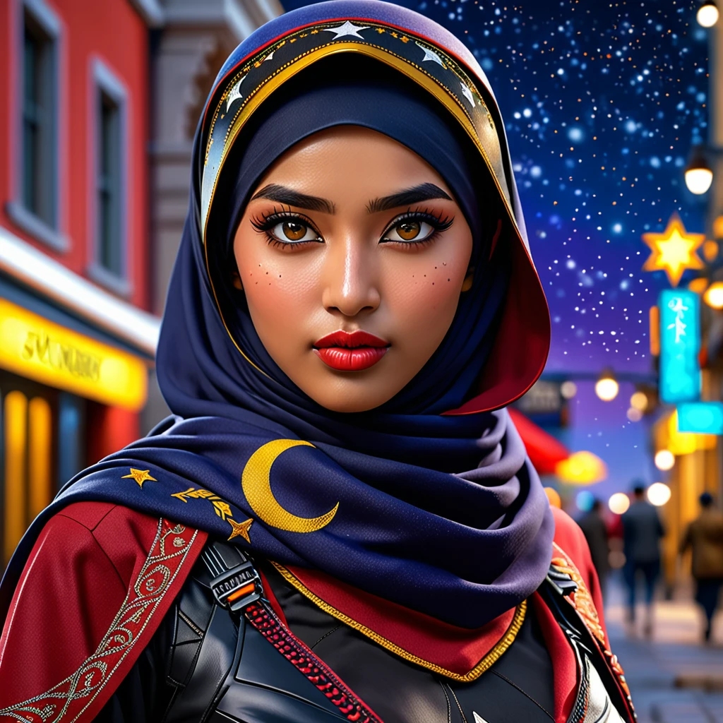 (best quality,4k,highres,masterpiece:1.2),ultra-detailed,realistic:1.37,a super heroine,athletic,cute face, crow themed makeup, hijab,beautiful detailed eyes,beautiful detailed lips,extremely detailed eyes and face,long eyelashe,malaysian:1.1 (age 28),crow themed costume and gimmicks,stopping a bank robbery,dynamic pose,vivid colors,starry night background,HDR,studio lighting,physically-based rendering,sharp focus,bokeh,colorful palette, (Show her from head to toe, full body shot, show her entire body)