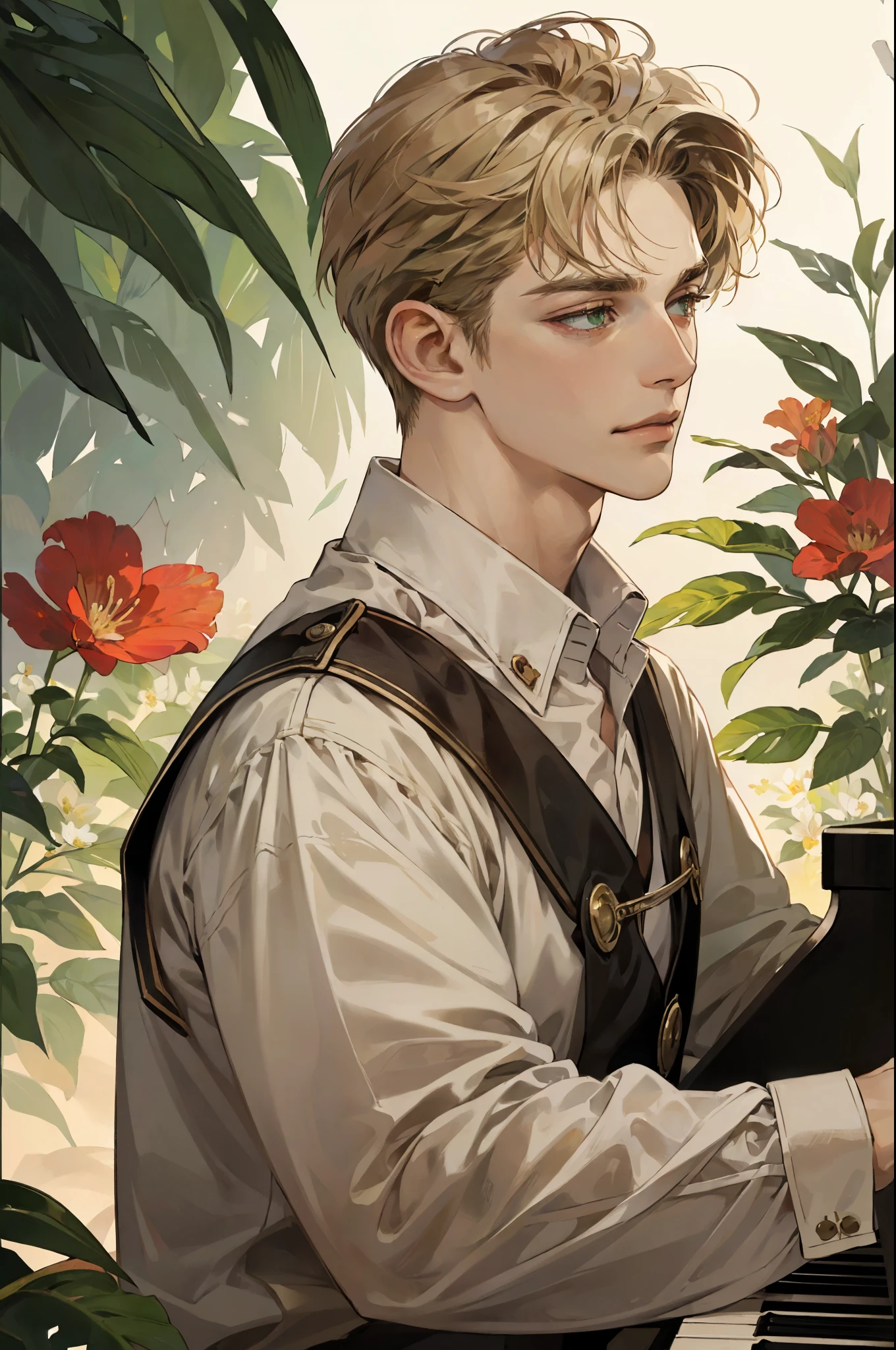 masterpiece, best quality, realistic, 1man, mature male, quiet and charming young man, 18 years old, close his eyes, smirk, closed mouth, extremely detailed face, a little distant, ((dark green eyes)), ((short-side-swept sandy blonde hair)), [thick eyebrows],((19 century cloth)), playing piano, 4K, (background with flower)