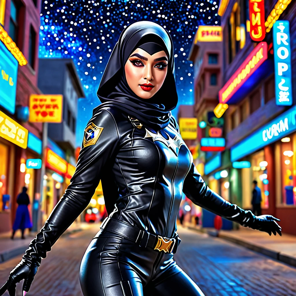 (best quality,4k,highres,masterpiece:1.2),ultra-detailed,realistic:1.37,a super heroine,athletic,cute face, crow themed makeup, hijab,beautiful detailed eyes,beautiful detailed lips,extremely detailed eyes and face,long eyelashe,malaysian:1.1 (age 28),crow themed costume and gimmicks,stopping a bank robbery,dynamic pose,vivid colors,starry night background,HDR,studio lighting,physically-based rendering,sharp focus,bokeh,colorful palette, (Show her from head to toe, full body shot, show her entire body)