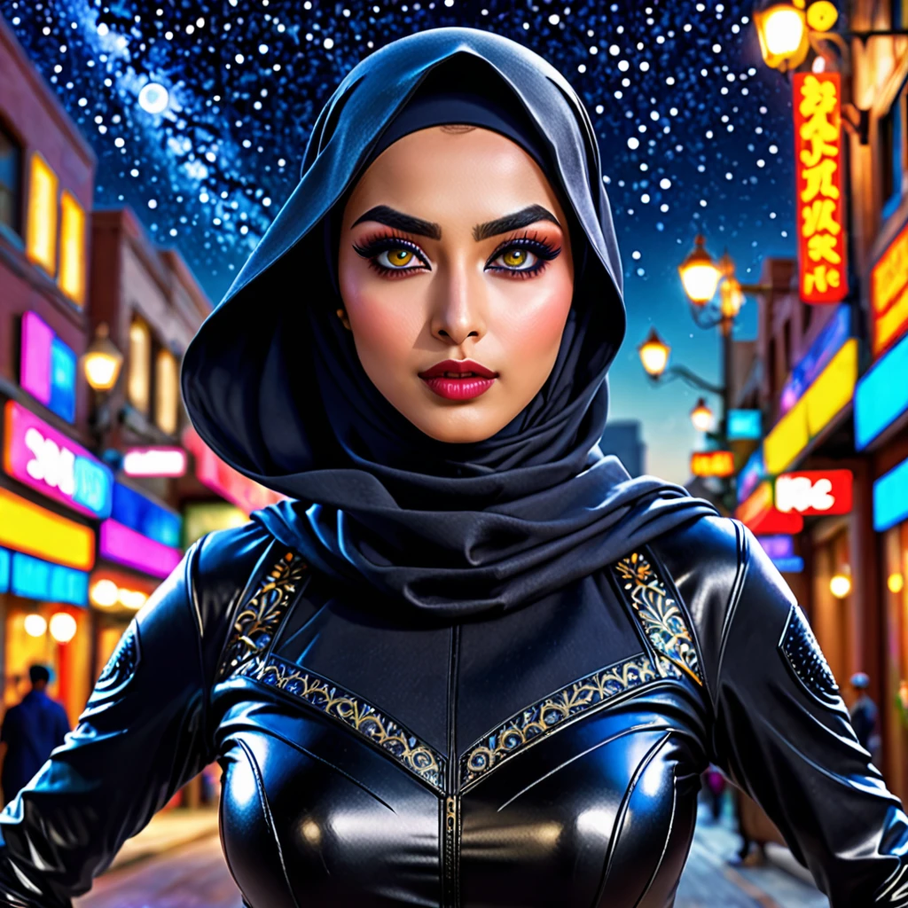 (best quality,4k,highres,masterpiece:1.2),ultra-detailed,realistic:1.37,a super heroine,athletic,cute face, crow themed makeup, hijab,beautiful detailed eyes,beautiful detailed lips,extremely detailed eyes and face,long eyelashe,malaysian:1.1 (age 28),crow themed costume and gimmicks,stopping a bank robbery,dynamic pose,vivid colors,starry night background,HDR,studio lighting,physically-based rendering,sharp focus,bokeh,colorful palette, (Show her from head to toe, full body shot, show her entire body)