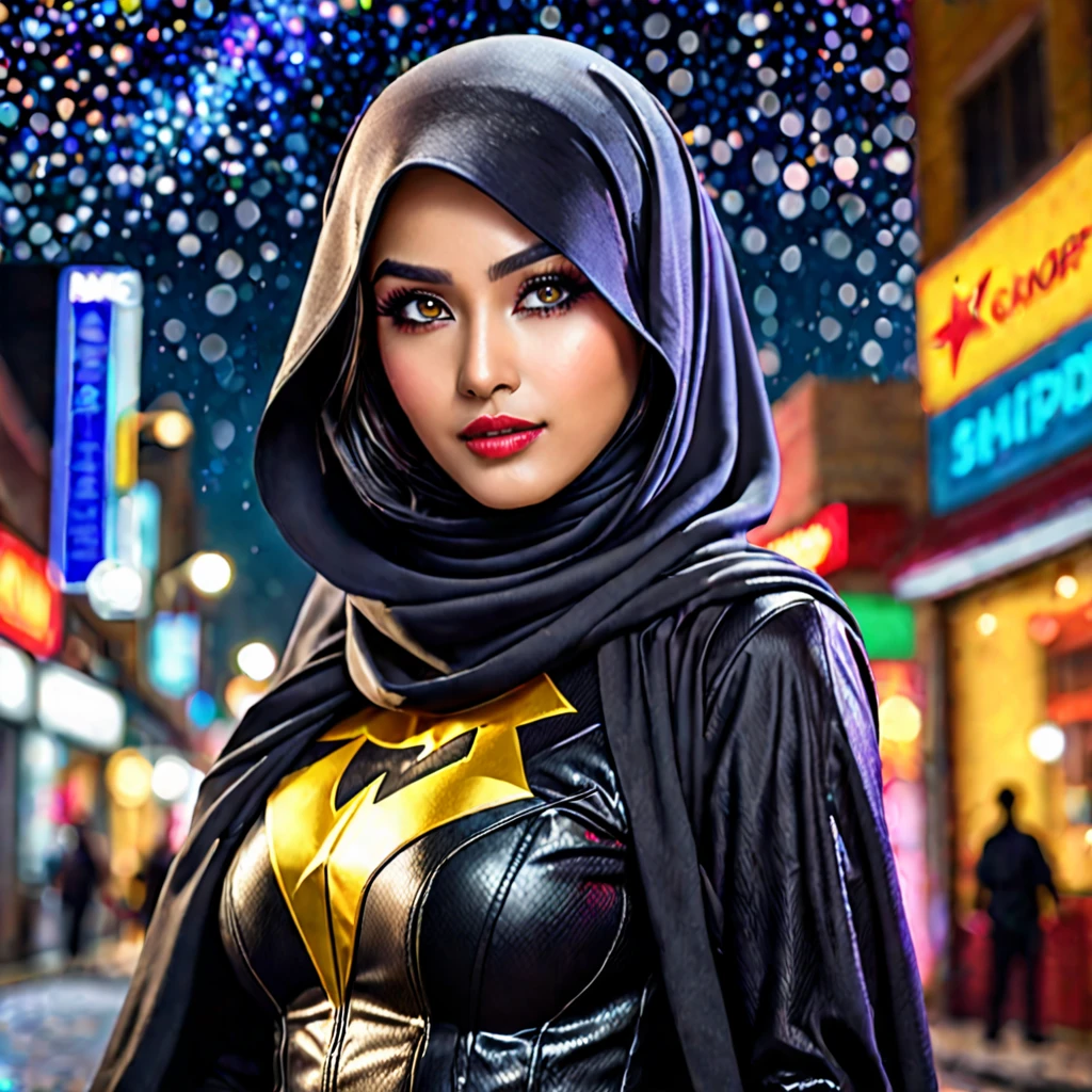 (best quality,4k,highres,masterpiece:1.2),ultra-detailed,realistic:1.37,a super heroine,athletic,cute face, crow themed makeup, hijab,beautiful detailed eyes,beautiful detailed lips,extremely detailed eyes and face,long eyelashe,malaysian:1.1 (age 28),crow themed costume and gimmicks,stopping a bank robbery,dynamic pose,vivid colors,starry night background,HDR,studio lighting,physically-based rendering,sharp focus,bokeh,colorful palette, (Show her from head to toe, full body shot, show her entire body)