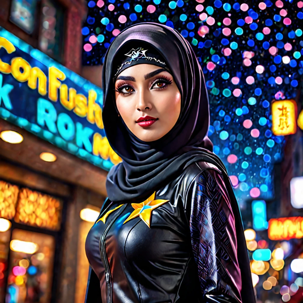 (best quality,4k,highres,masterpiece:1.2),ultra-detailed,realistic:1.37,a super heroine,athletic,cute face, crow themed makeup, hijab,beautiful detailed eyes,beautiful detailed lips,extremely detailed eyes and face,long eyelashe,malaysian:1.1 (age 28),crow themed costume and gimmicks,stopping a bank robbery,dynamic pose,vivid colors,starry night background,HDR,studio lighting,physically-based rendering,sharp focus,bokeh,colorful palette, (Show her from head to toe, full body shot, show her entire body)