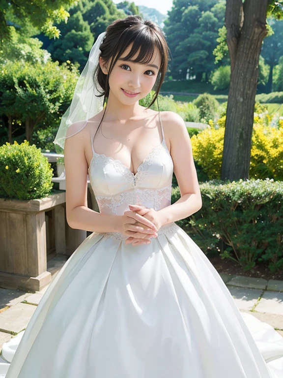 1 girl, smile, shiny skin, delicate face, best quality, masterpiece, (realistic: 1.4), wedding dress, random hairstyle, perfect figure, small breasts, princess