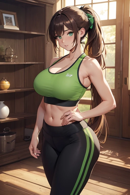 ((masterpiece)), (best quality:1.7), (detailed:1.4), (high res:1.4), 8k, (colorful:1.5), high resolution, sharped image, 4k, hd, (beautiful detailed background:1.2), (beautiful lighting:1.2), (highly detailed:1.2), perfect lighting, (8k wallpaper:1.2), (highly detailed:1.2), (extremely detailed CG:1.2), ((((only brunette very long hair ponytail)))), (((large chest))), ((((busty)))), curvy figure, (((light green eyes))), (maroon yoga outfit), sports bra, yoga pants, mature, older, human adult, short, fullbody