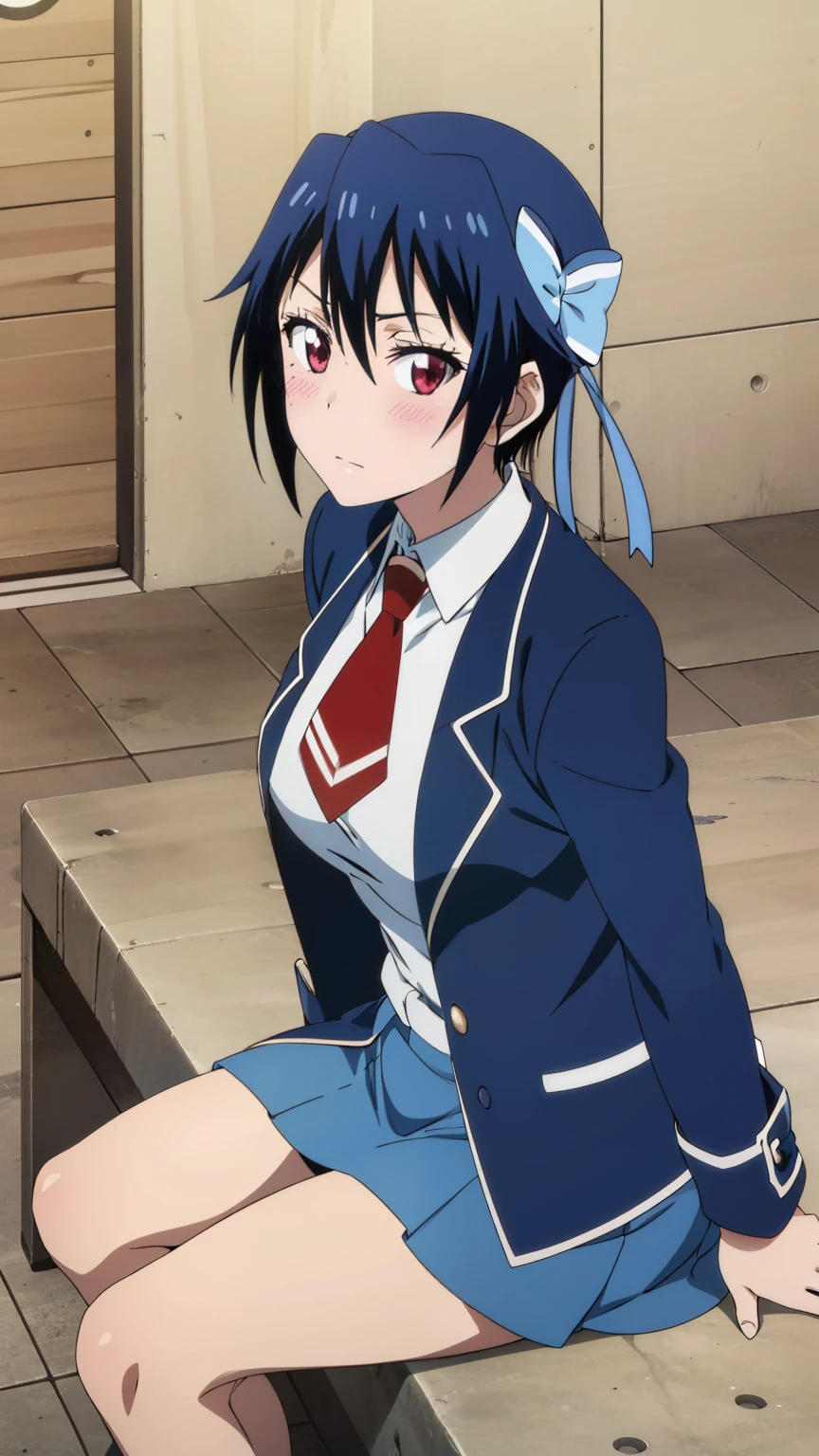 anime art style,Anime Coloring Book,alone, 1 girl, seishirou tsugumi, navy blue blazer,White shirt and tie,navy blue mini skirt, large medium breasts, sitting, blush, alone, stylish pose, stylish angle,looking at the viewer, in the center of the image,cowboy shot,