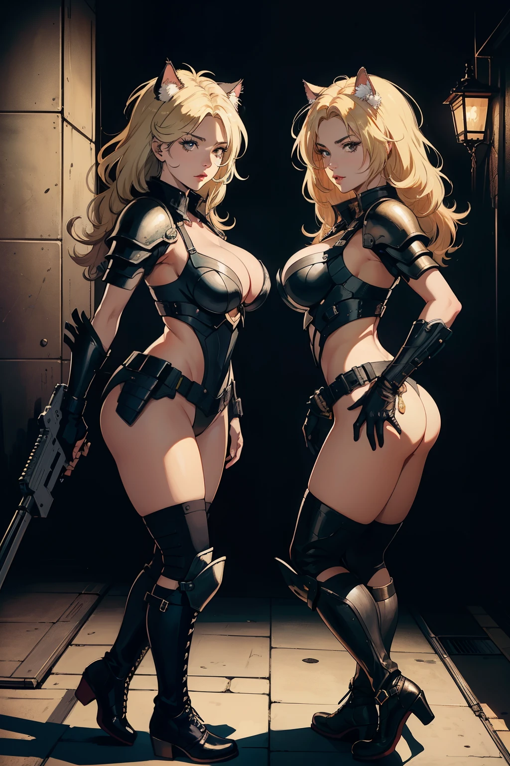 ((highest quality)), ((masterpiece)), (be familiar with), (High definition), 8K, perfect face、2 women、Two blonde women with cat ears standing side by side、2 kisses、tall、2 Blonde cat ears、2. Long Hair、2. Volumetric hair style、big breasts、constricted waist、big ass、glamorous、Glamorous、protector、Armor、combat suit、combat boots、armed、Equipped with large firearms、Posing in front of a tank、cinematic、best shadow、side lighting、NEO TOKYO、(Close-up of two faces)